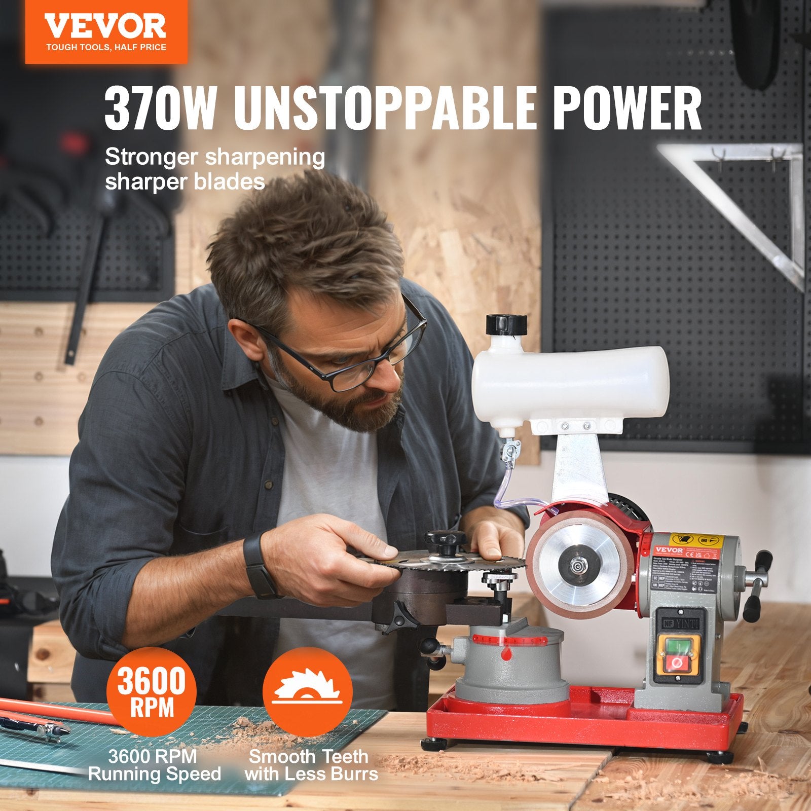 Circular Saw Blade Sharpener, 370W Saw Blade Grinding with Water Injection, Water Injection Circular Saw Blade Sharpening & 6 Saw Centerings, 5-inch Grinding Wheel for Carbide Tipped Saw Blades