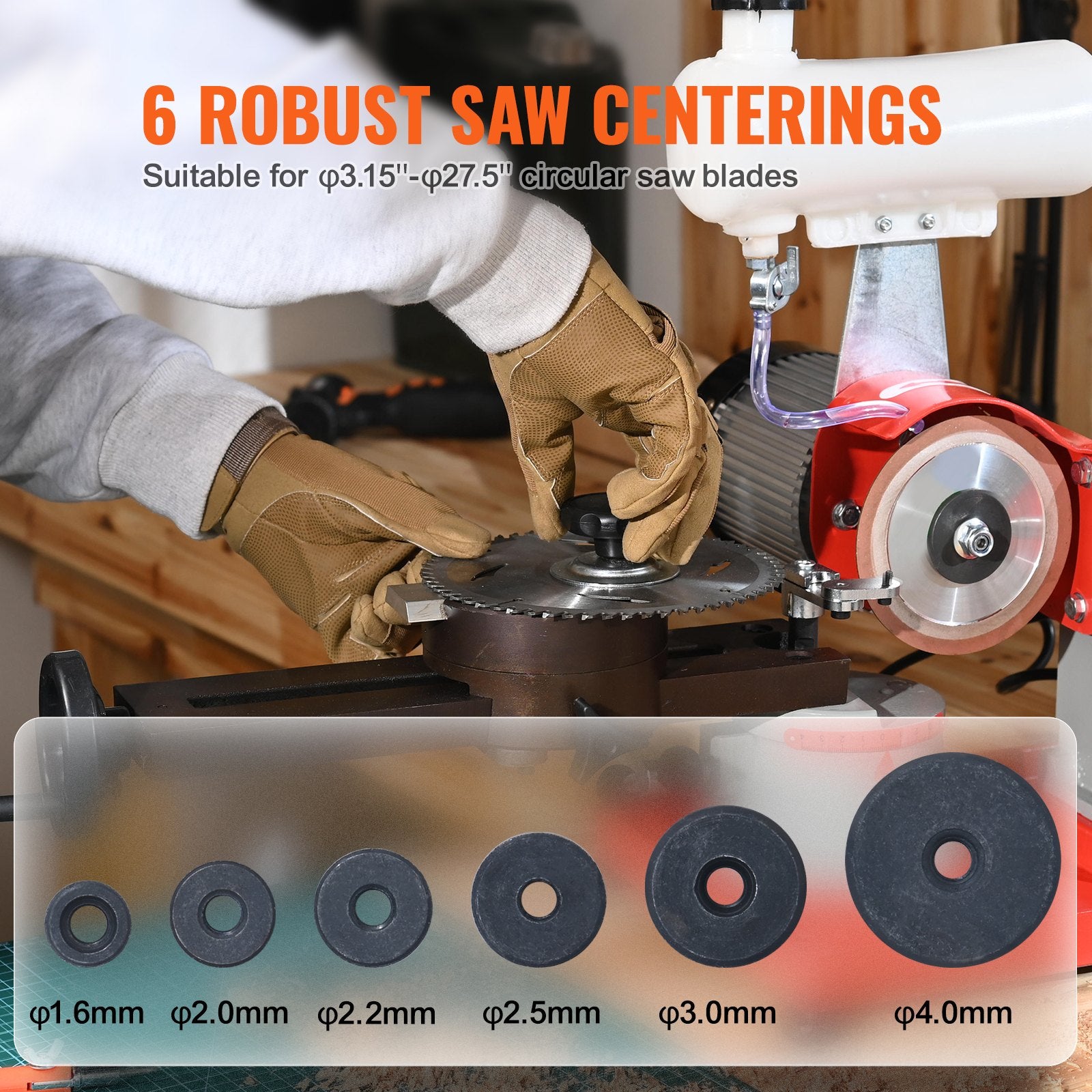 Circular Saw Blade Sharpener, 370W Saw Blade Grinding with Water Injection, Water Injection Circular Saw Blade Sharpening & 6 Saw Centerings, 5-inch Grinding Wheel for Carbide Tipped Saw Blades
