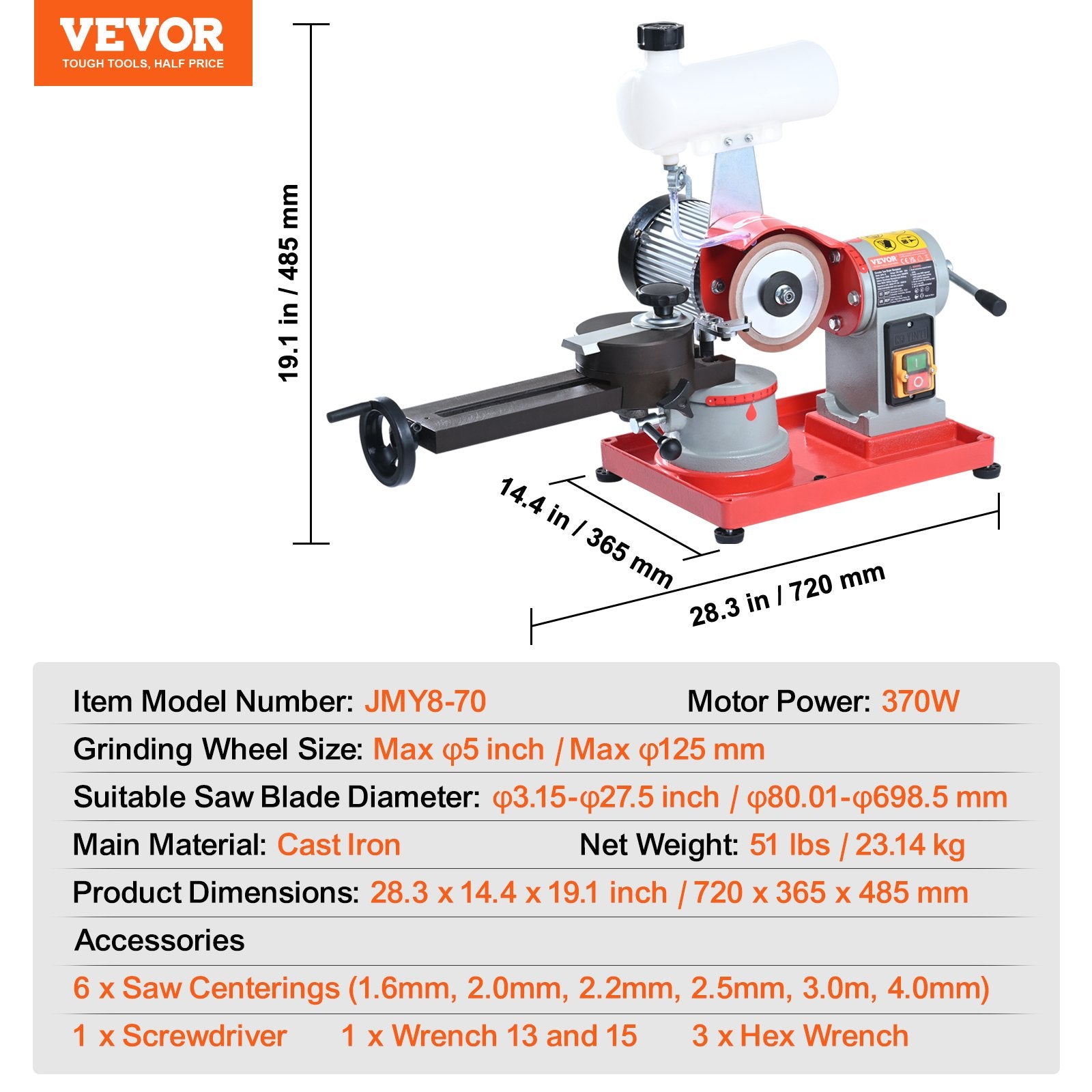 Circular Saw Blade Sharpener, 370W Saw Blade Grinding with Water Injection, Water Injection Circular Saw Blade Sharpening & 6 Saw Centerings, 5-inch Grinding Wheel for Carbide Tipped Saw Blades