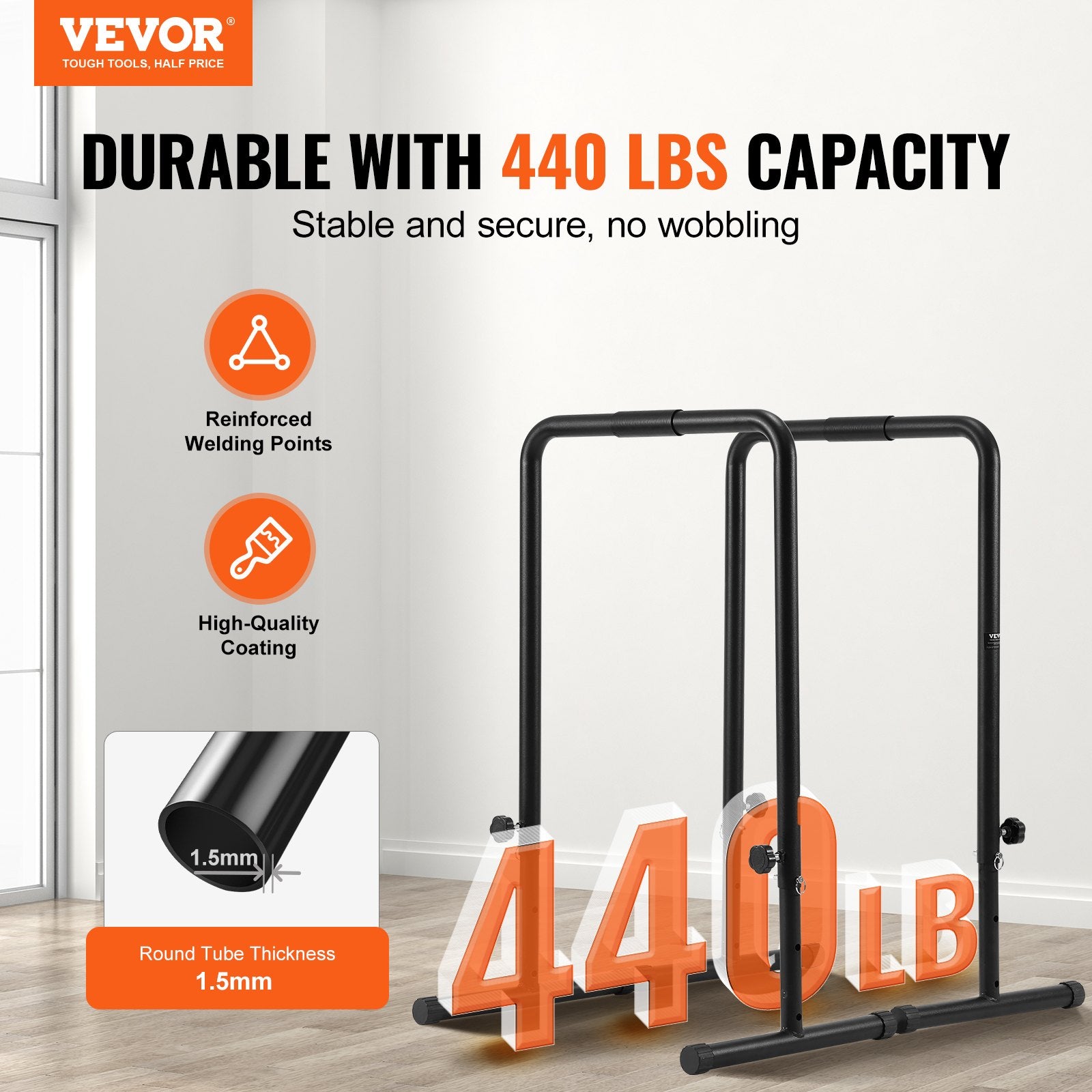 Dip Bars, 200 kg Capacity, Heave Duty Dip Stand Station with Adjustable Height, Fitness Workout Dip Bar Station Stabilizer Parallette Push Up Stand, Parallel Bars for Strength Training Home Gym