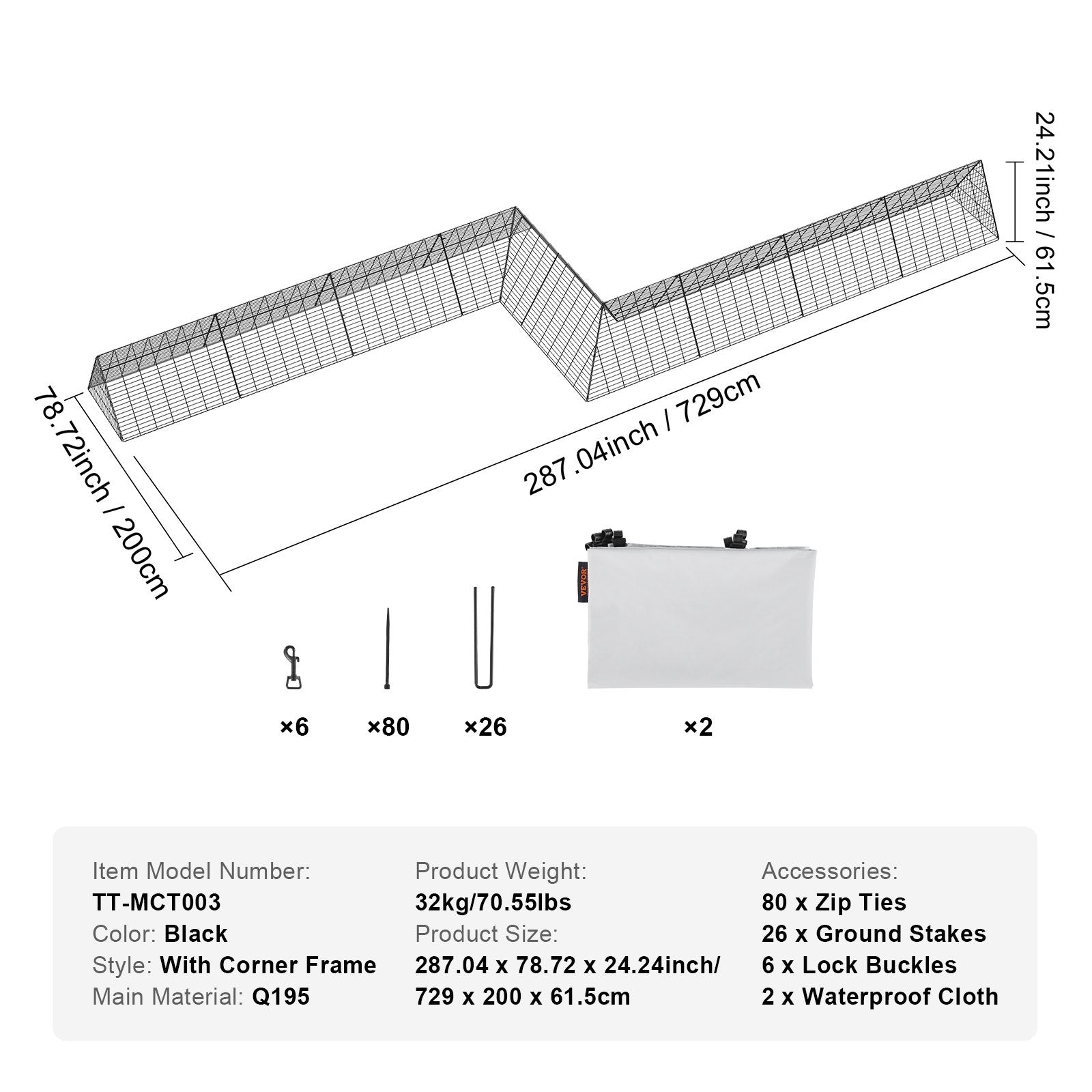 Small Animal Habitats & Cages: VEVOR Chicken Tunnels, 729 x 200 x 61.5cm(LxWxH) Chicken Tunnels for Yard, Portable Chicken Tunnels for Outside with Corner Frames, 2 Sets, Suitable for Chickens, Ducks, Rabbits