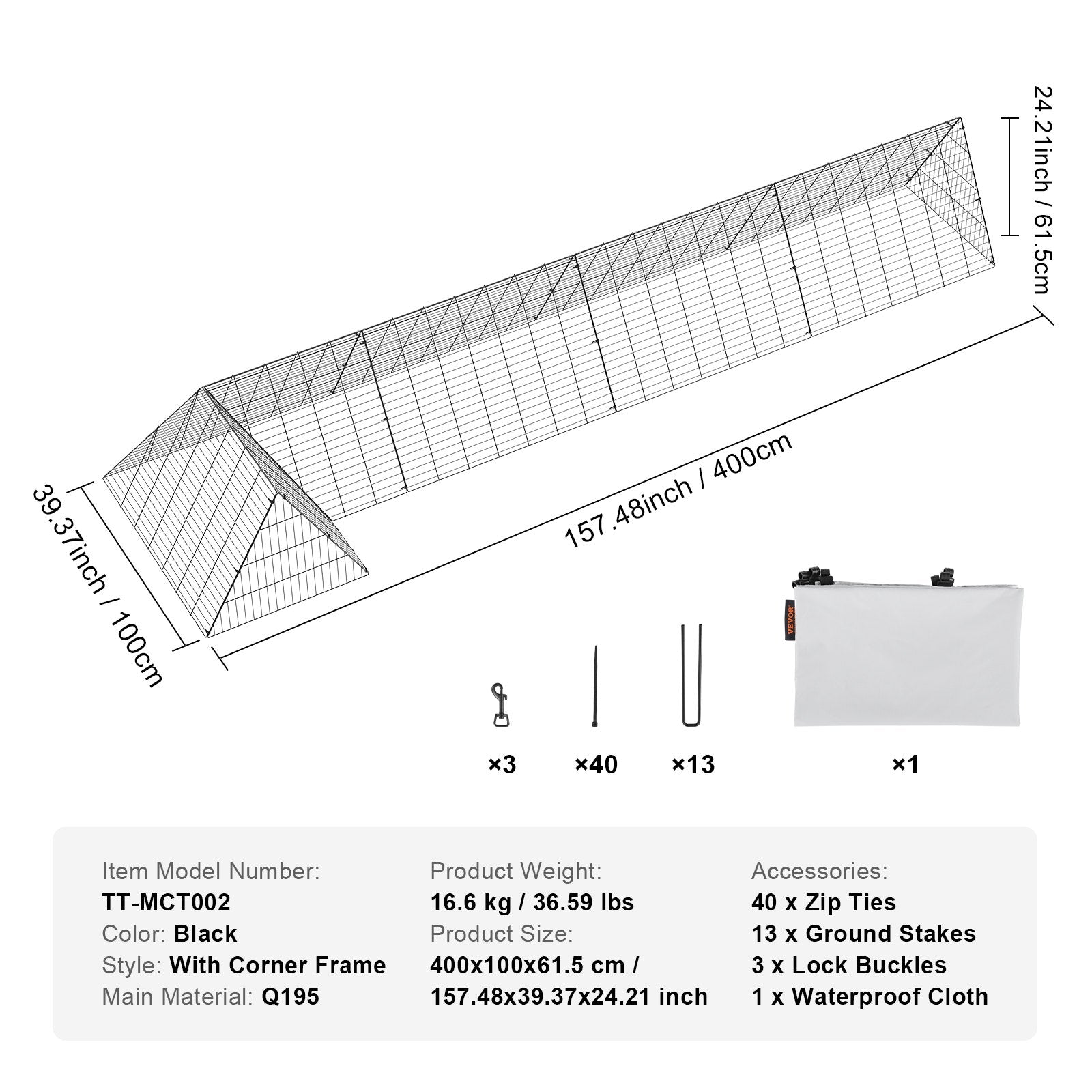 Coop & Hutch Accessories: VEVOR Chicken Tunnels, 400x100x61.5 cm(LxWxH) Chicken Tunnels for Yard, Portable Chicken Tunnels for Outside with Corner Frames, Chicken Coop Run, Suitable for Chickens, Ducks, Rabbits