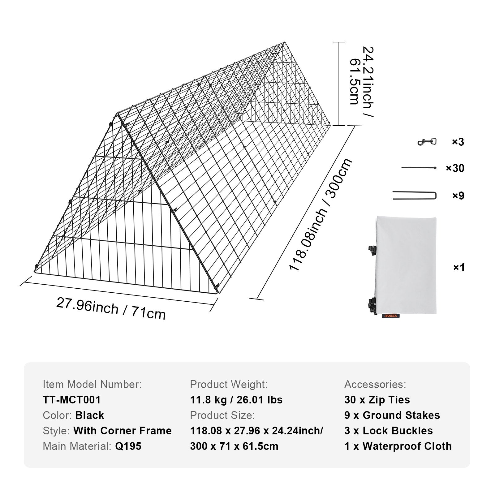 Coop & Hutch Accessories: VEVOR Chicken Tunnels, 300 x 71 x 61.5cm (LxWxH) Chicken Tunnels for Yard, Portable Chicken Tunnels for Outside Easy Installation, Chicken Coop Run, Suitable for Chickens, Ducks, Rabbits