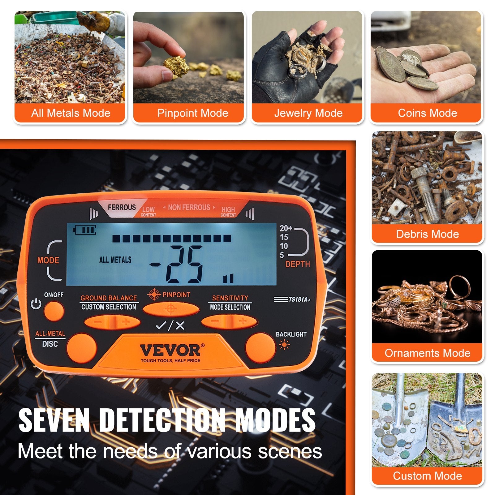Metal Detectors: VEVOR Metal Detector for Adults&Kids, 250mm, Professional Adjustable Higher Accuracy Gold Detector, IP68 Waterproof Coil with LCD Display 7 Modes Advanced DSP Chip, for Detecting Gold Treasure Hunting