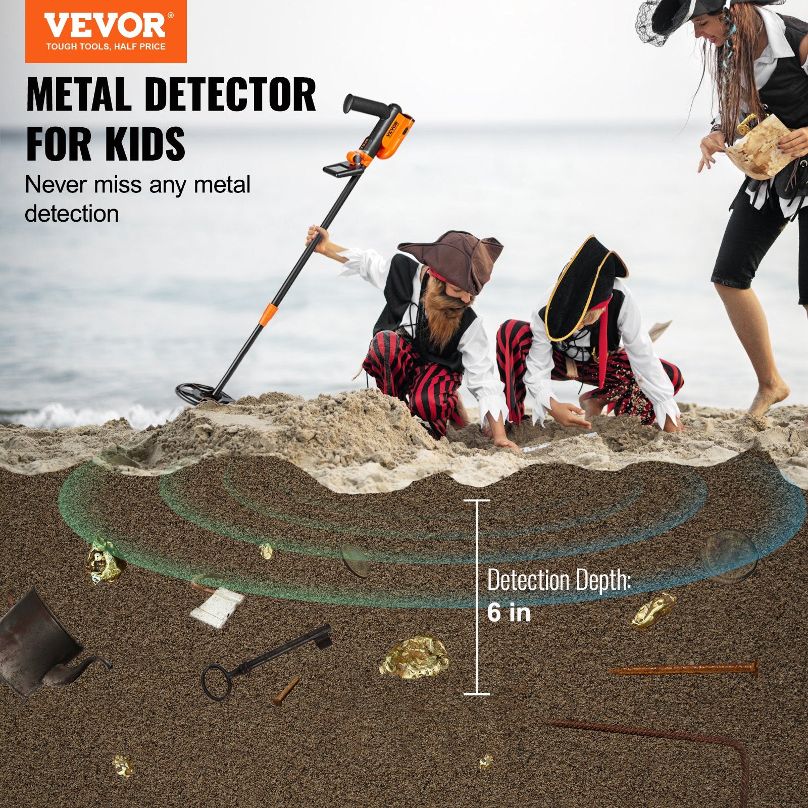 Metal Detectors: VEVOR Metal Detector for Kids, 150mm, Waterproof Search Coil with LCD Display, Adjustable 660.4-914.4 mm Gold Detector, Lightweight Carbon Fiber Stem for Junior & Youth Detecting Gold Coin Treasure