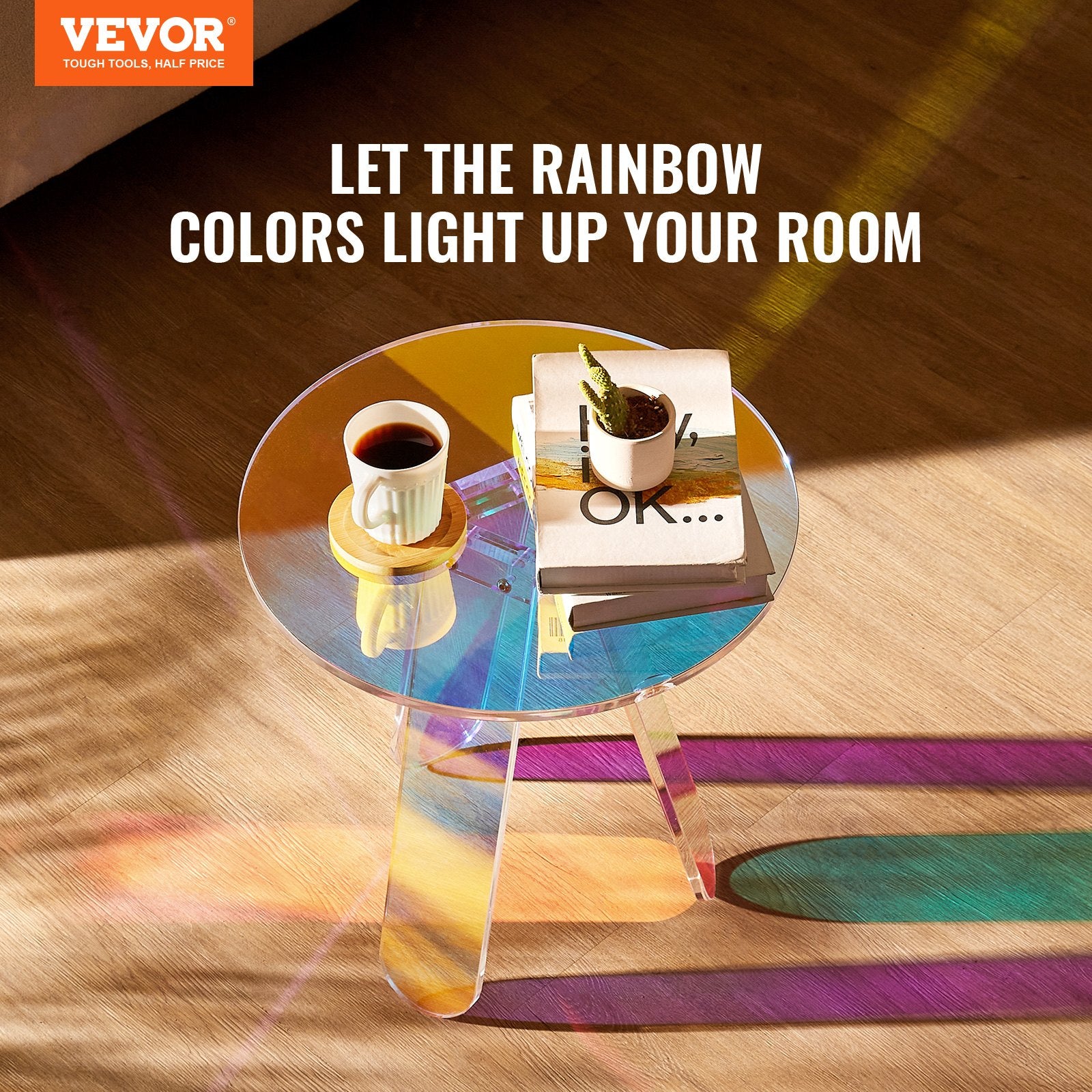 Bedside Tables: VEVOR Round Iridescent Side Table, Acrylic End Table, Clear Rainbow Acrylic Coffee Table for Drink, Food, Snack used in Living Room, Bedroom, and Study