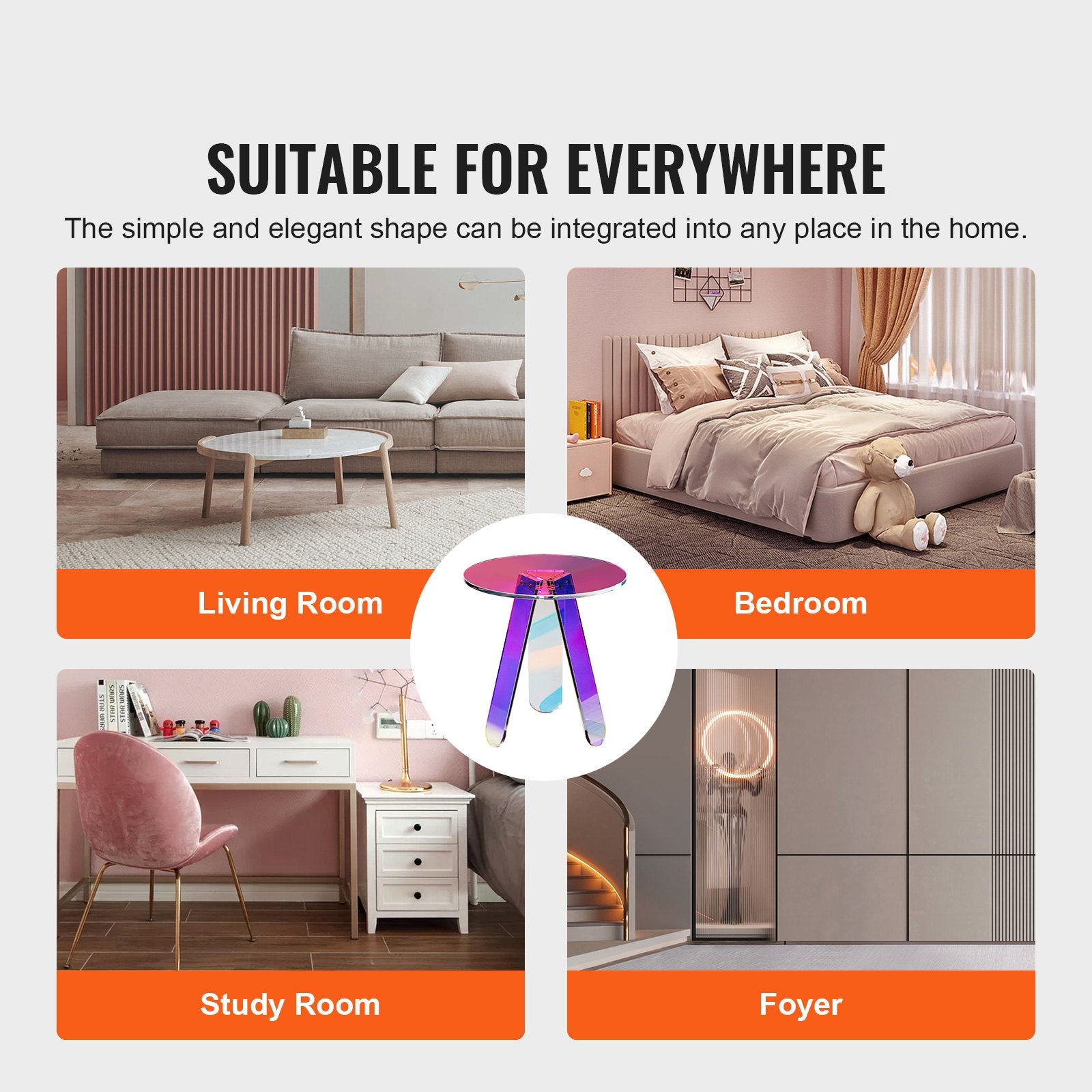 Bedside Tables: VEVOR Round Iridescent Side Table, Acrylic End Table, Clear Rainbow Acrylic Coffee Table for Drink, Food, Snack used in Living Room, Bedroom, and Study