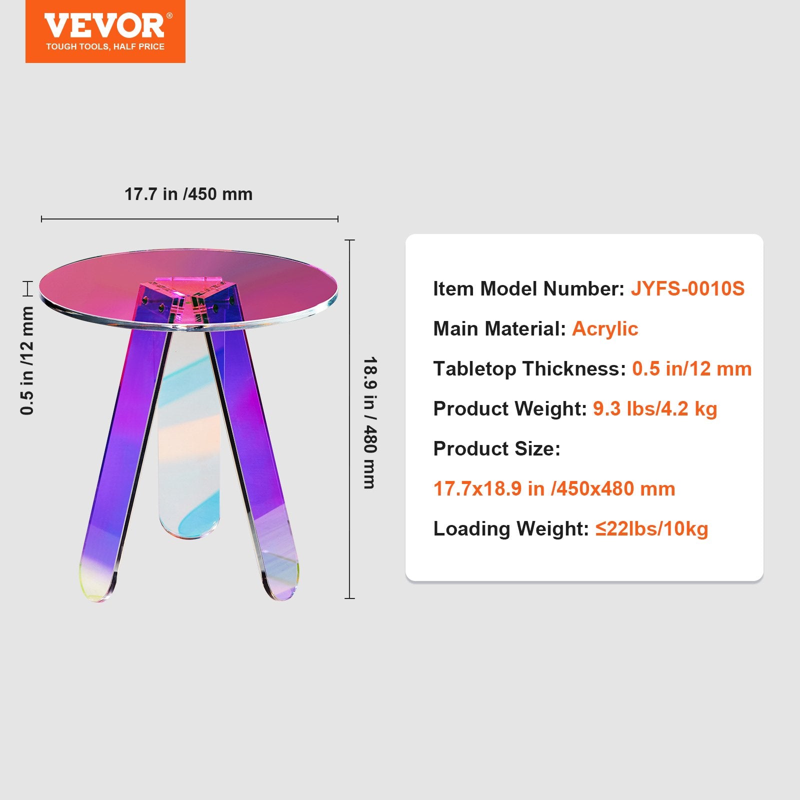 Bedside Tables: VEVOR Round Iridescent Side Table, Acrylic End Table, Clear Rainbow Acrylic Coffee Table for Drink, Food, Snack used in Living Room, Bedroom, and Study