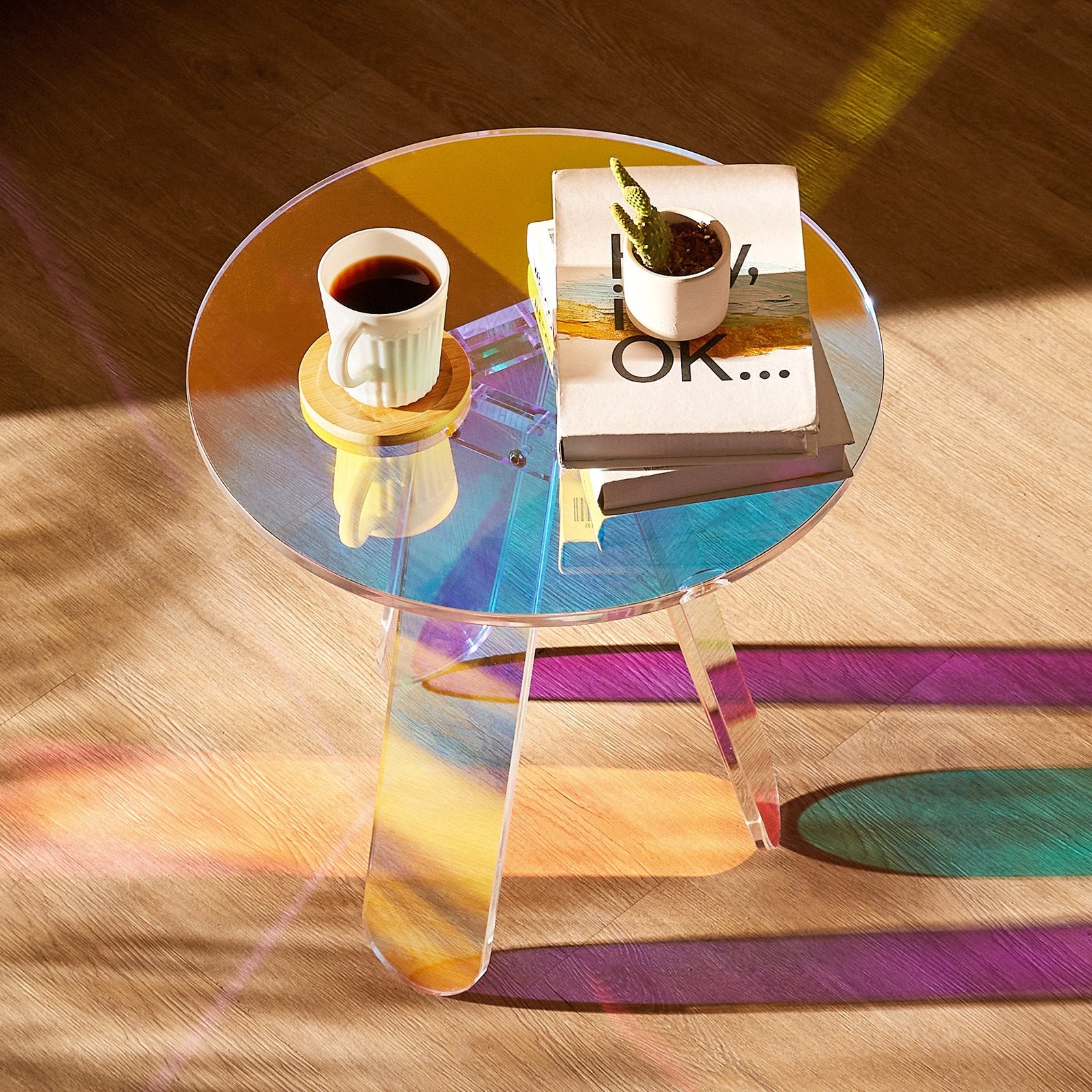 Bedside Tables: VEVOR Round Iridescent Side Table, Acrylic End Table, Clear Rainbow Acrylic Coffee Table for Drink, Food, Snack used in Living Room, Bedroom, and Study