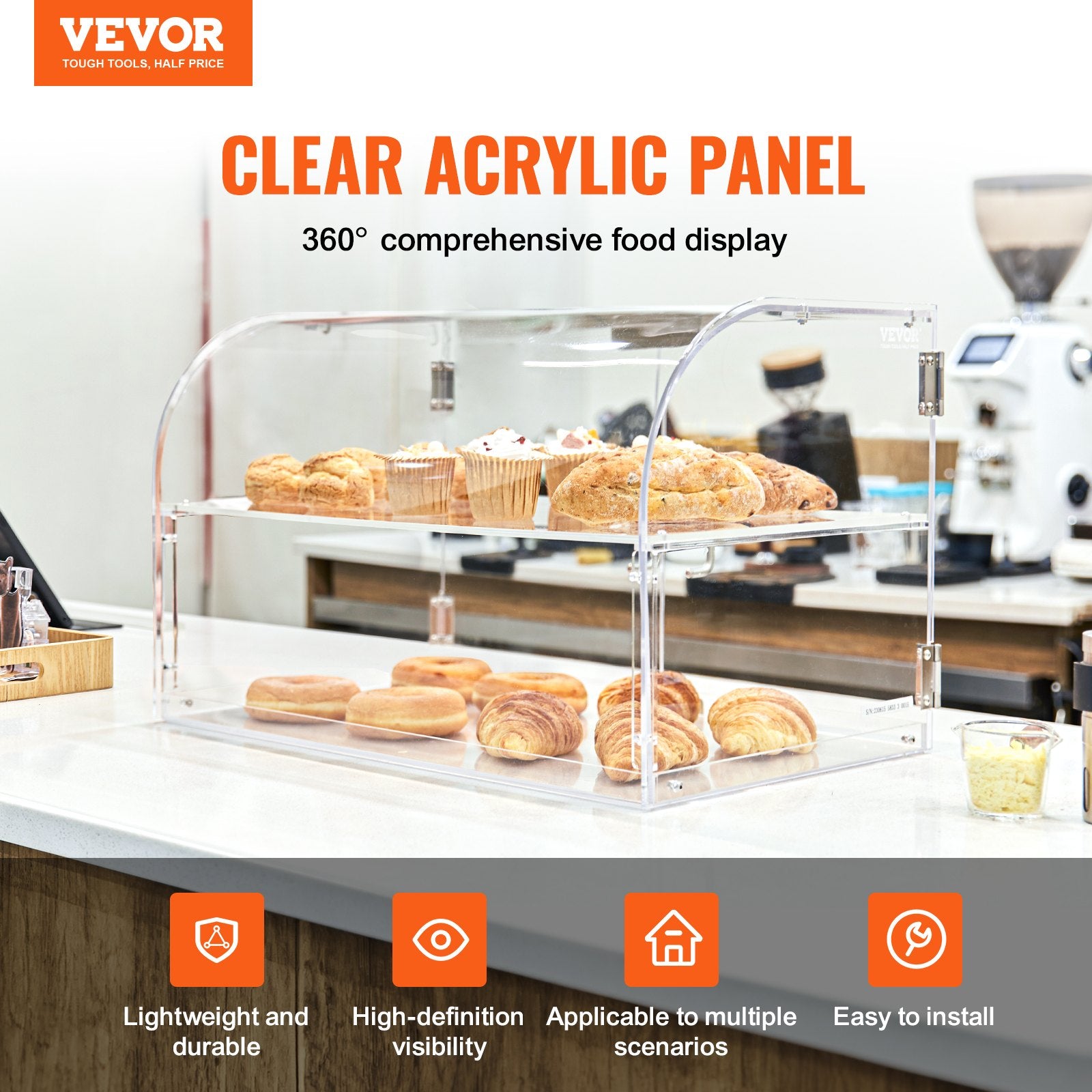 Food Storage: VEVOR Pastry Display Case, 2-Tier Commercial Countertop Bakery Display Case, Acrylic Display Box with Rear Door Access & Removable Shelves, Keep Fresh for Donut Bagels Cake Cookie