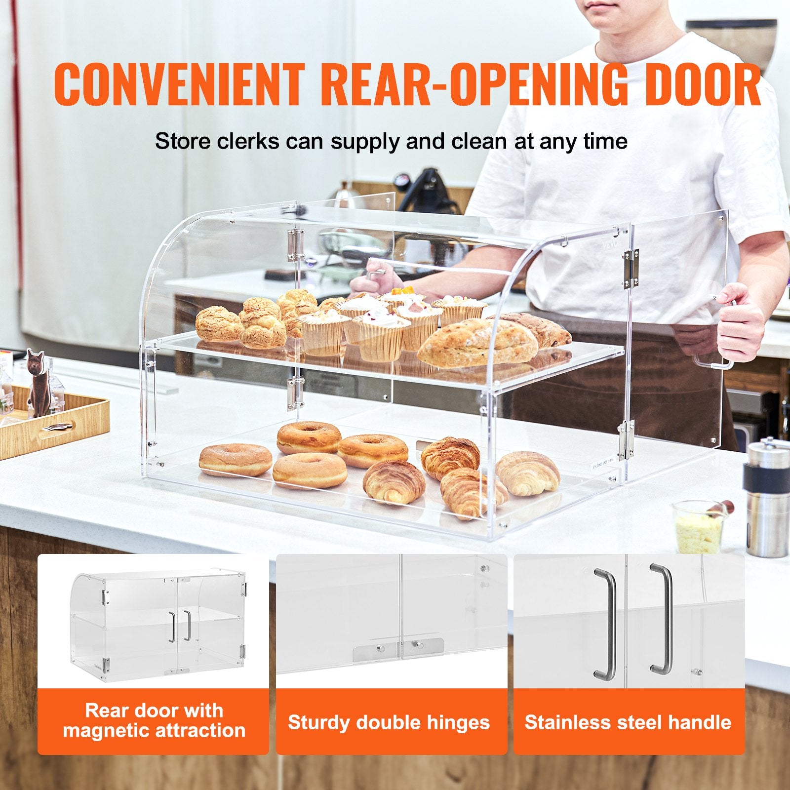 Food Storage: VEVOR Pastry Display Case, 2-Tier Commercial Countertop Bakery Display Case, Acrylic Display Box with Rear Door Access & Removable Shelves, Keep Fresh for Donut Bagels Cake Cookie