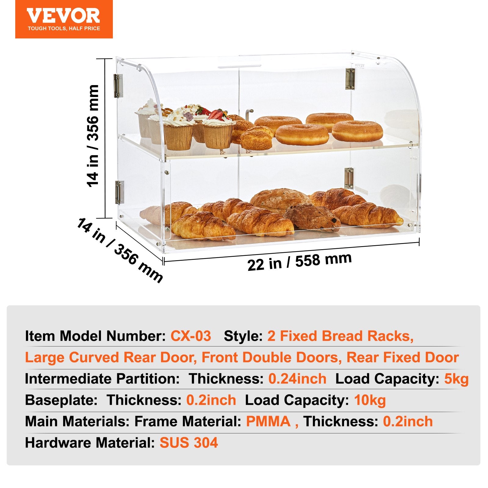 Food Storage: VEVOR Pastry Display Case, 2-Tier Commercial Countertop Bakery Display Case, Acrylic Display Box with Rear Door Access & Removable Shelves, Keep Fresh for Donut Bagels Cake Cookie