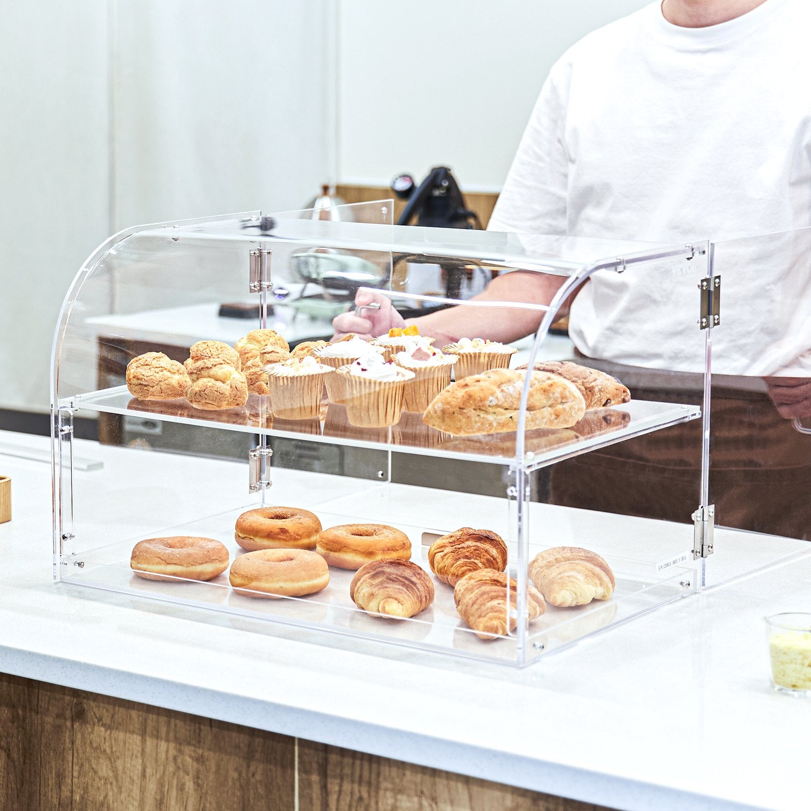 Food Storage: VEVOR Pastry Display Case, 2-Tier Commercial Countertop Bakery Display Case, Acrylic Display Box with Rear Door Access & Removable Shelves, Keep Fresh for Donut Bagels Cake Cookie