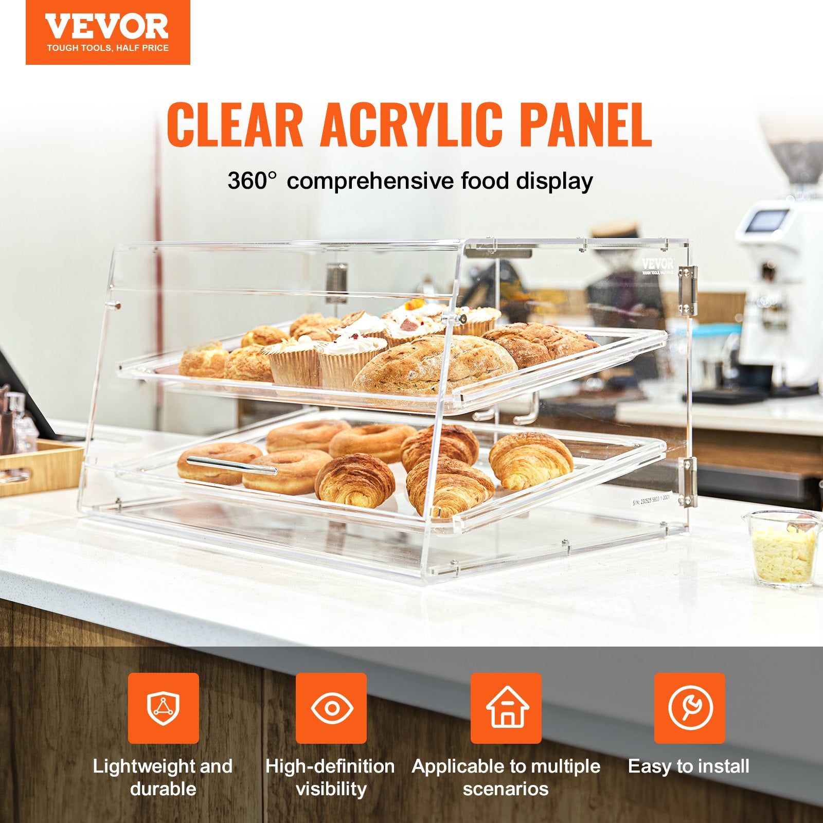 Food Storage: VEVOR Pastry Display Case, 2-Tier Commercial Countertop Bakery Display Case, Acrylic Display Box with Rear Door Access & Removable Shelves, Keep Fresh for Donut Bagels Cake Cookie