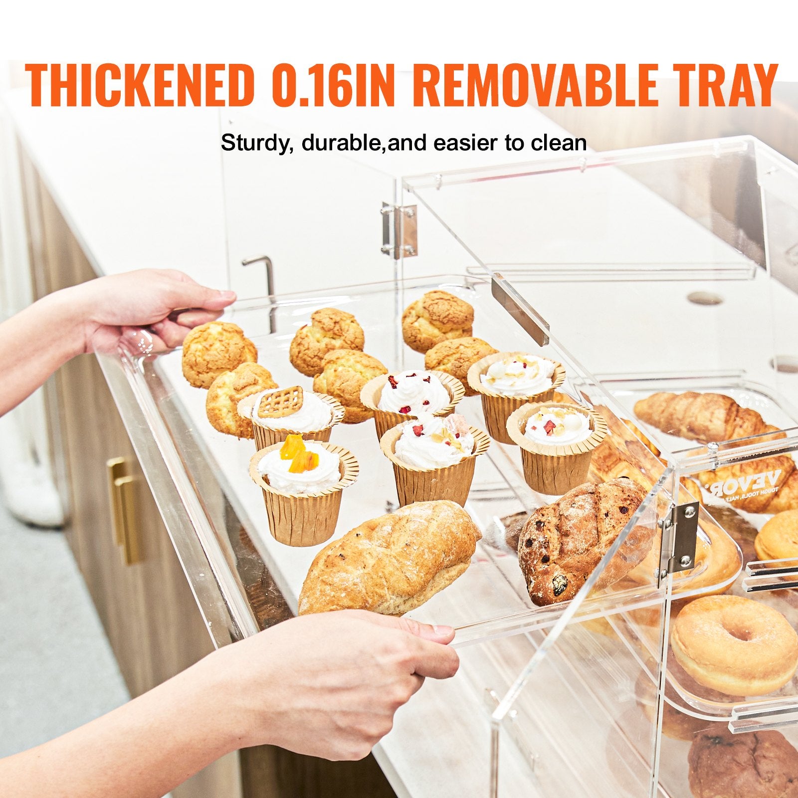 Food Storage: VEVOR Pastry Display Case, 2-Tier Commercial Countertop Bakery Display Case, Acrylic Display Box with Rear Door Access & Removable Shelves, Keep Fresh for Donut Bagels Cake Cookie