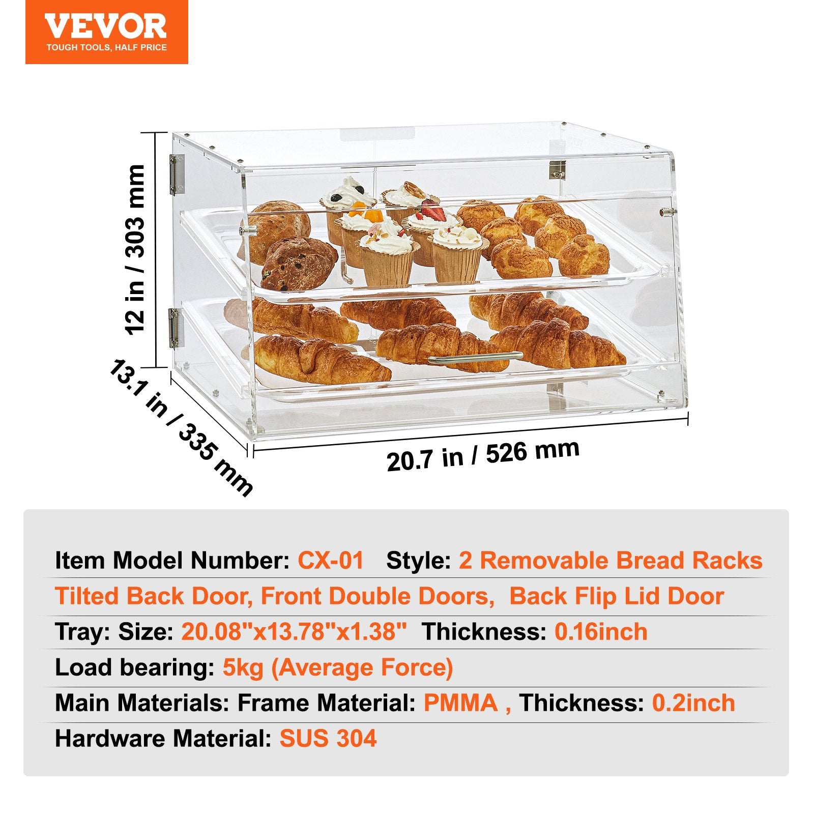 Food Storage: VEVOR Pastry Display Case, 2-Tier Commercial Countertop Bakery Display Case, Acrylic Display Box with Rear Door Access & Removable Shelves, Keep Fresh for Donut Bagels Cake Cookie