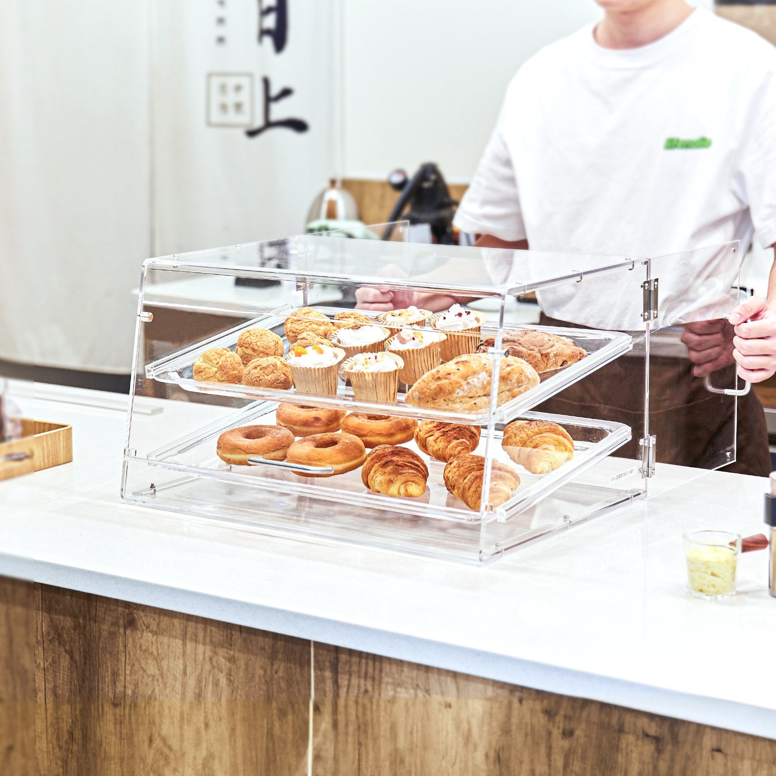 Food Storage: VEVOR Pastry Display Case, 2-Tier Commercial Countertop Bakery Display Case, Acrylic Display Box with Rear Door Access & Removable Shelves, Keep Fresh for Donut Bagels Cake Cookie