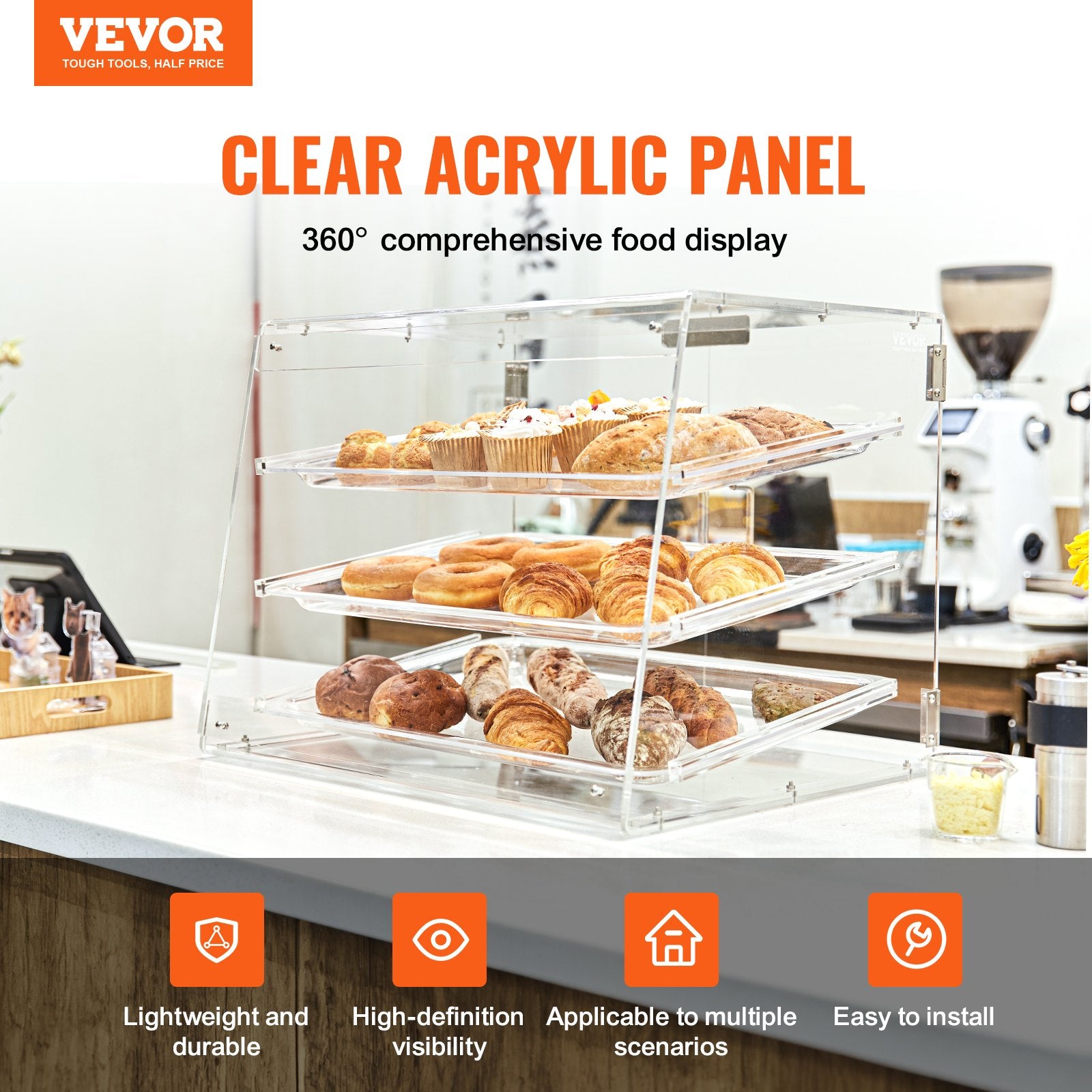 Food Storage: VEVOR Pastry Display Case, 3-Tier Commercial Countertop Bakery Display Case, Acrylic Display Box with Rear Door Access & Removable Shelves, Keep Fresh for Donut Bagels Cake Cookie