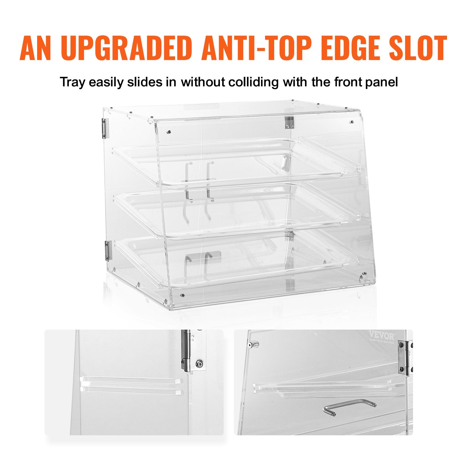 Food Storage: VEVOR Pastry Display Case, 3-Tier Commercial Countertop Bakery Display Case, Acrylic Display Box with Rear Door Access & Removable Shelves, Keep Fresh for Donut Bagels Cake Cookie