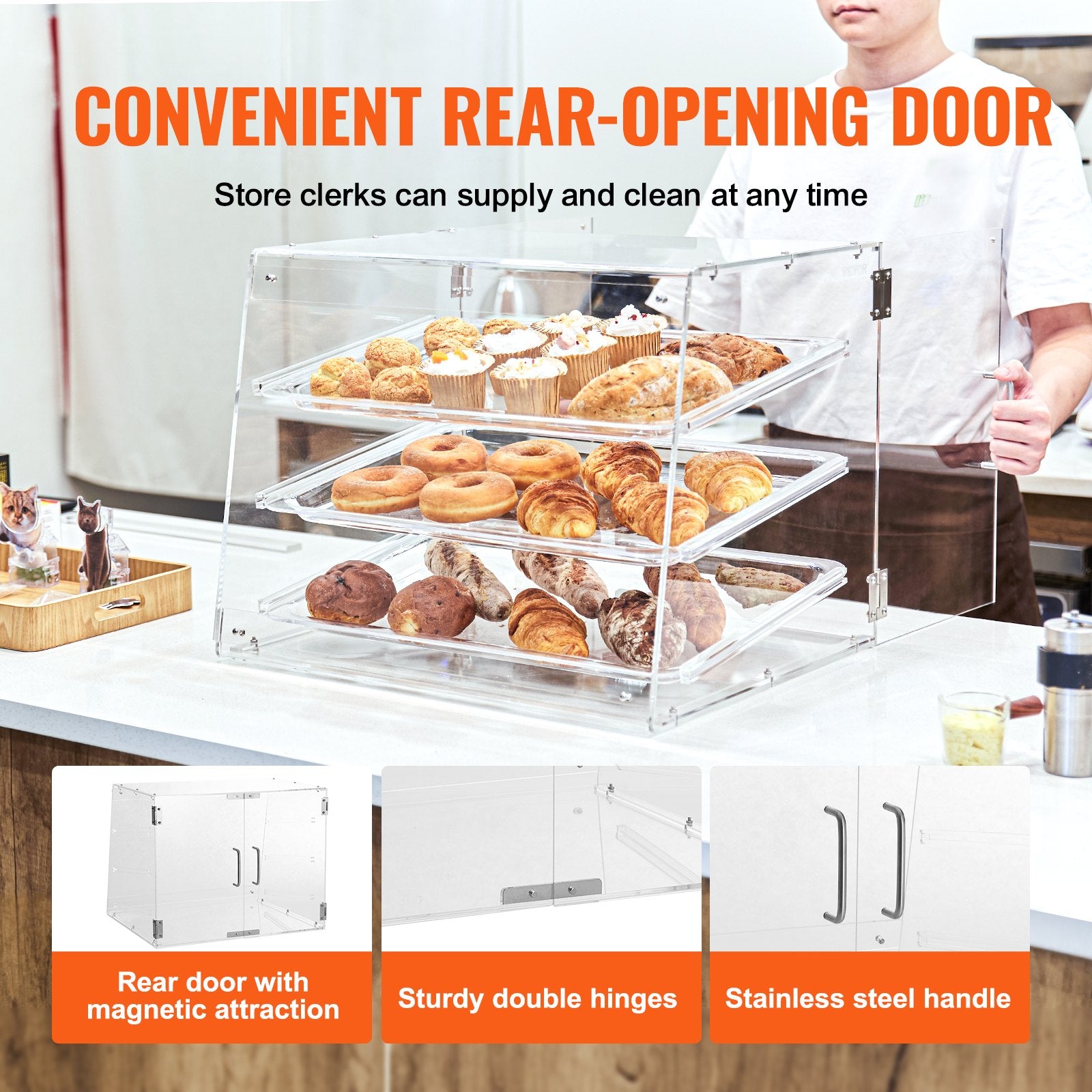 Food Storage: VEVOR Pastry Display Case, 3-Tier Commercial Countertop Bakery Display Case, Acrylic Display Box with Rear Door Access & Removable Shelves, Keep Fresh for Donut Bagels Cake Cookie