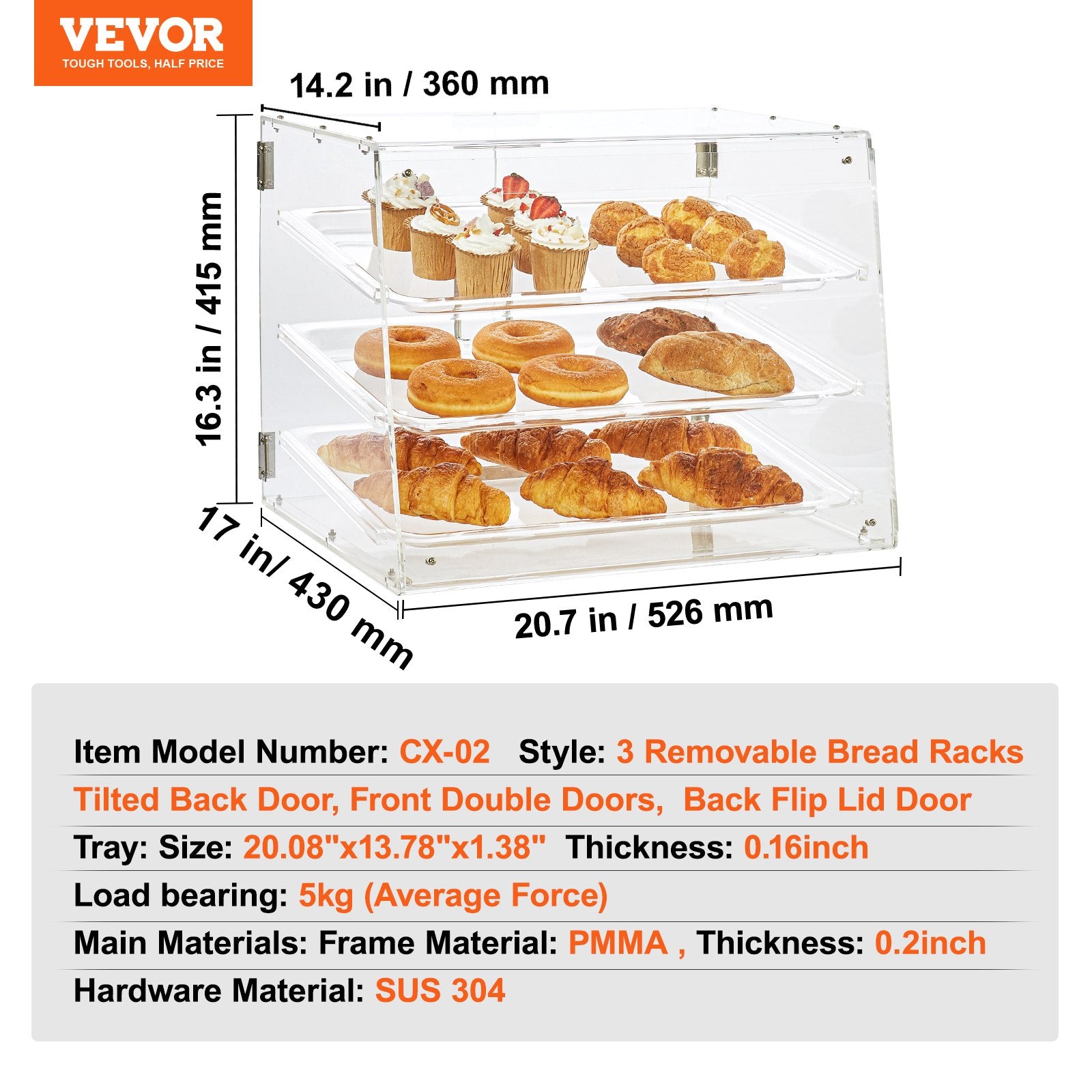 Food Storage: VEVOR Pastry Display Case, 3-Tier Commercial Countertop Bakery Display Case, Acrylic Display Box with Rear Door Access & Removable Shelves, Keep Fresh for Donut Bagels Cake Cookie