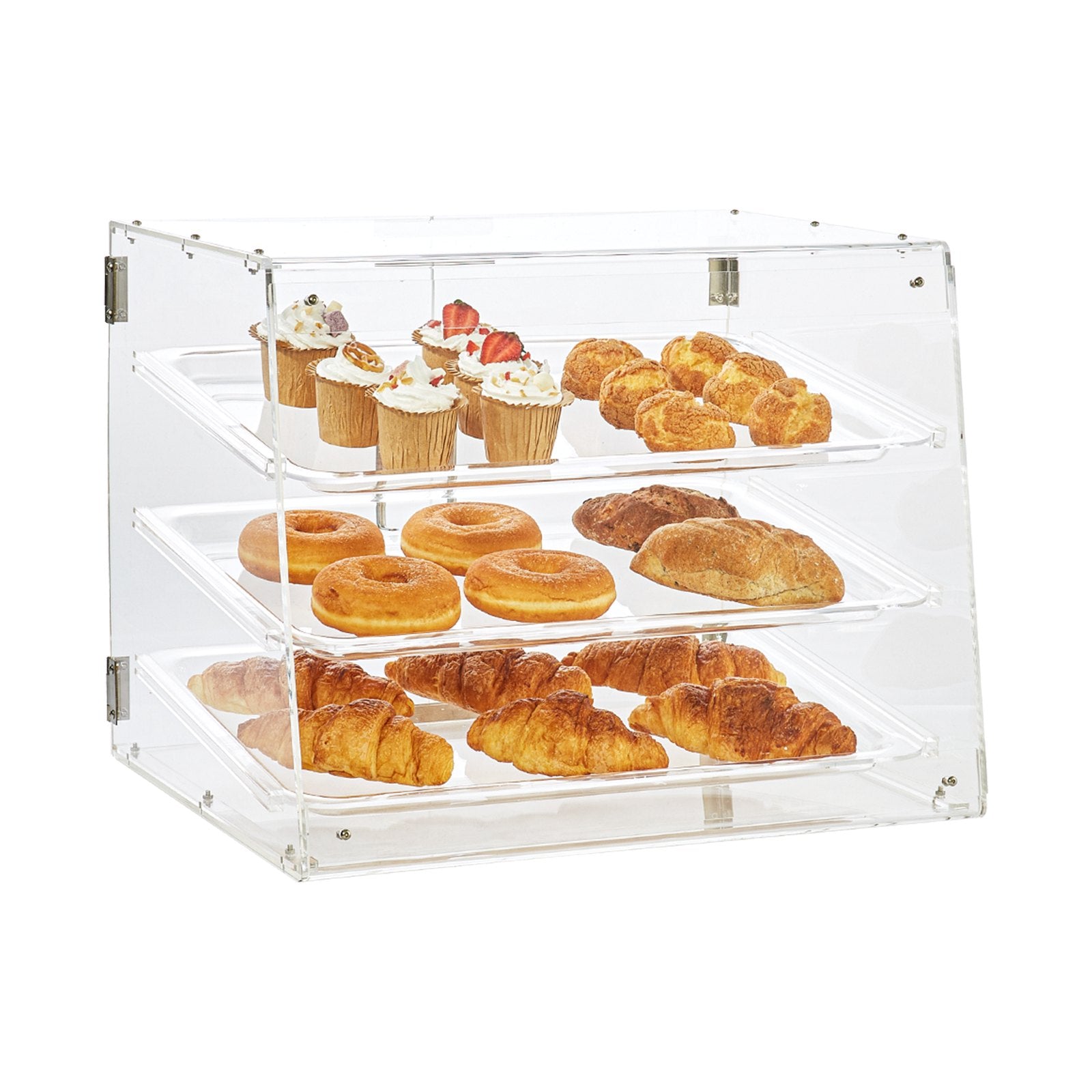 Food Storage: VEVOR Pastry Display Case, 3-Tier Commercial Countertop Bakery Display Case, Acrylic Display Box with Rear Door Access & Removable Shelves, Keep Fresh for Donut Bagels Cake Cookie