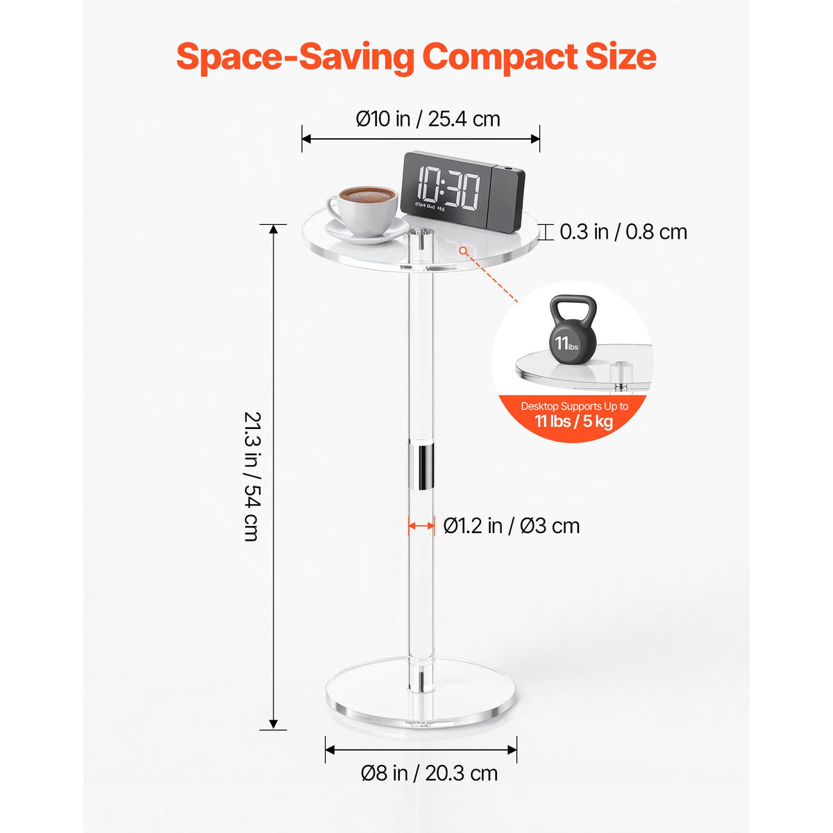 Acrylic Drink Table, Clear End Table Round Top with Solid Post, Modern Acrylic Cake Table Stand, Transparent Side Desk for Coffee, Drink, Food, Snack, Easy Assembly, 25.4 x 25.4 x 54 cm (Clear)