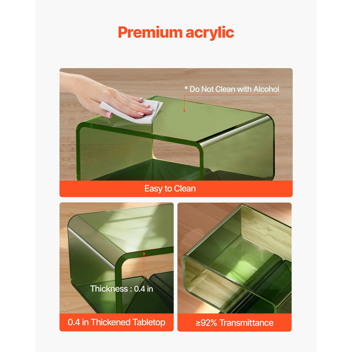 Acrylic Nightstand Side Table, Modern Clear Bedside Table with Storage Shelf, Transparent Small End Desk for Living Room, Bedroom, Home Decor, No Assembly Needed, 30 x 39.1 x 43 cm (Green)