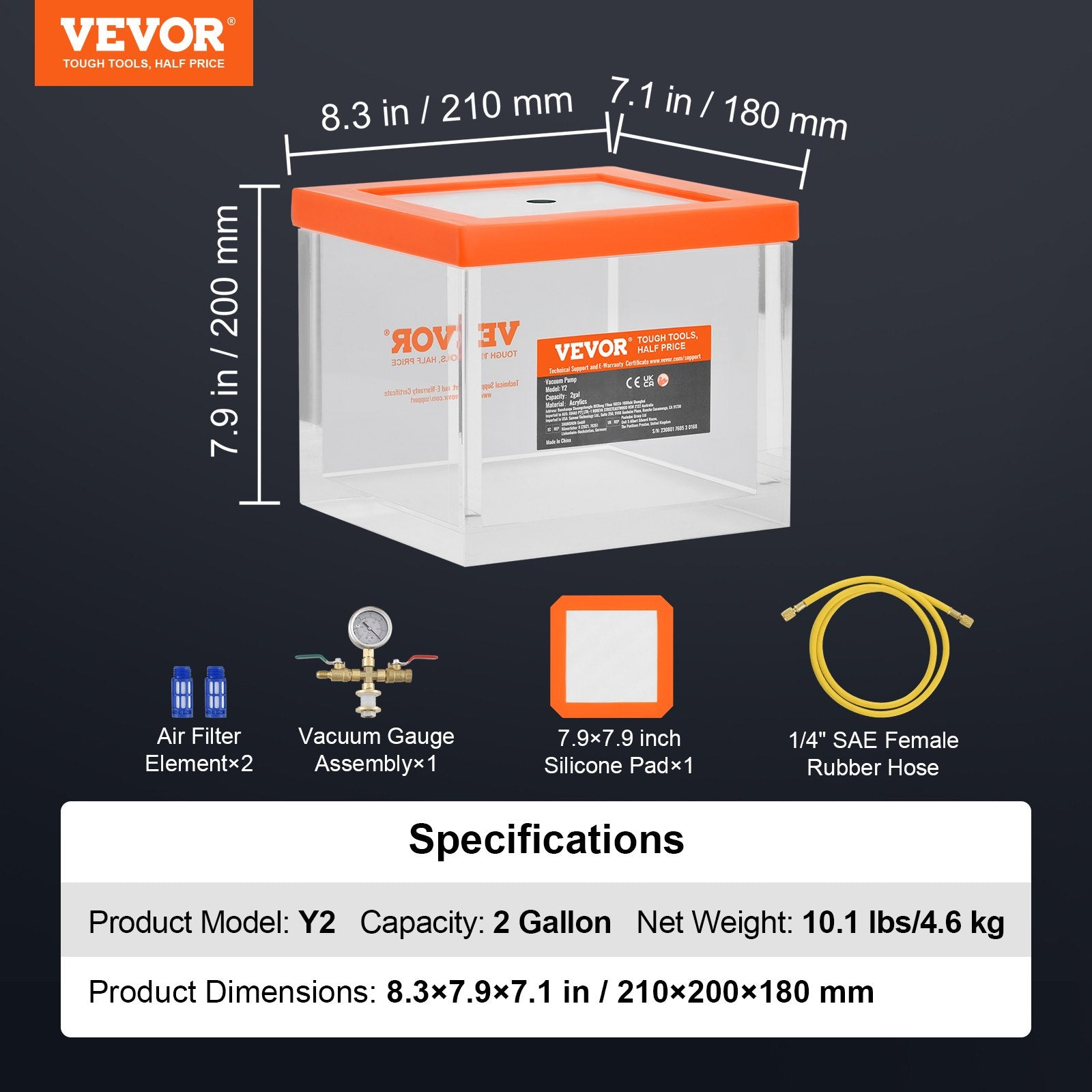 2 Gallon Vacuum Chamber, Upgraded Multipurpose Acrylic Vacuum Degassing Chamber, Transparent Vacuum Chamber, for Resin Degassing, Silica Gel Degassing, Gypsum Degassing and Vacuum Extraction