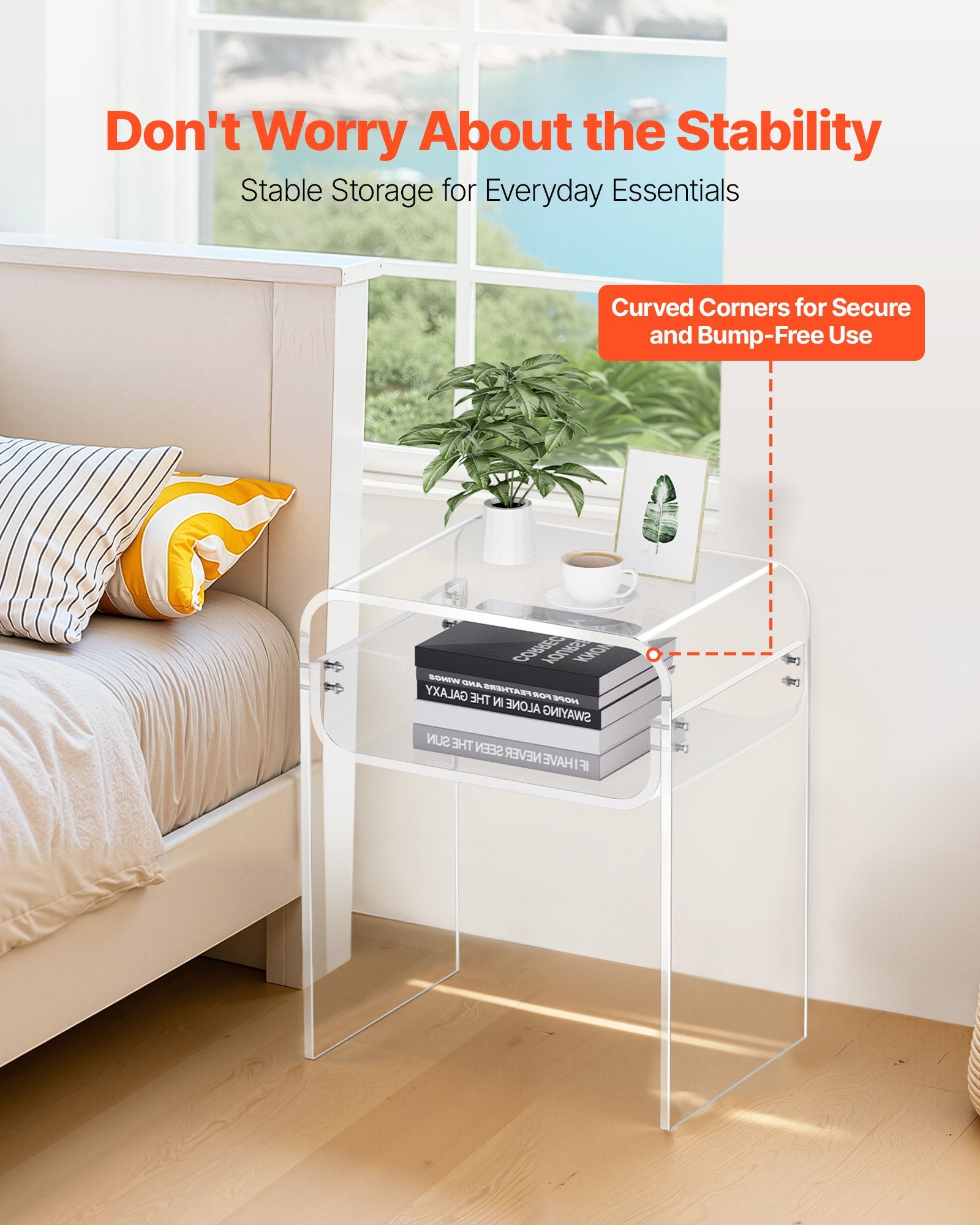 Bedside Tables: VEVOR Acrylic Side Table, 2 Tiers Clear Bedside Table with Storage Shelf, Modern Rectangle Acrylic End Desk, Transparent Thick Nightstand for Bedroom, Living Room, Study, 30 x 40 x 50 cm (Clear)