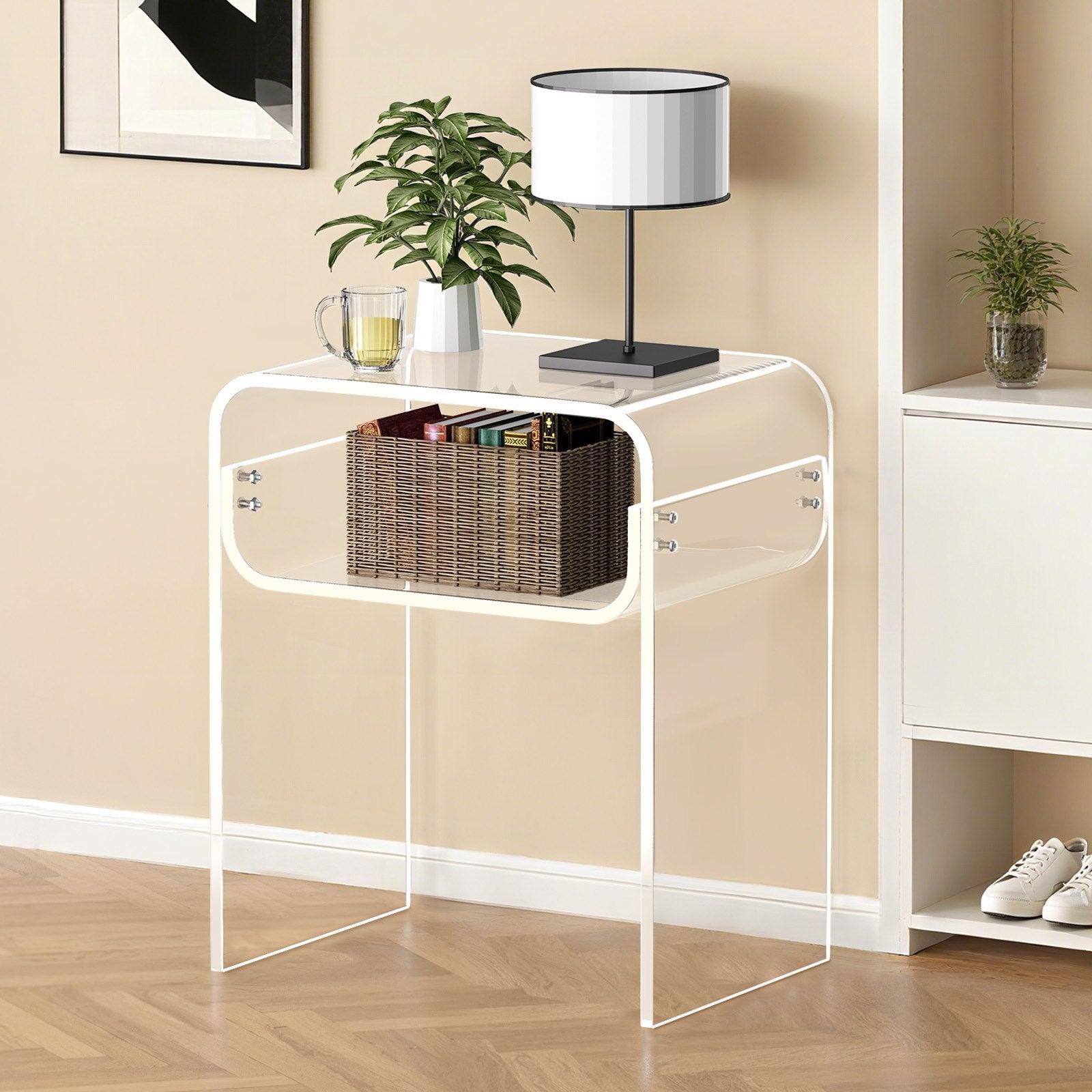 Bedside Tables: VEVOR Acrylic Side Table, 2 Tiers Clear Bedside Table with Storage Shelf, Modern Rectangle Acrylic End Desk, Transparent Thick Nightstand for Bedroom, Living Room, Study, 30 x 40 x 50 cm (Clear)