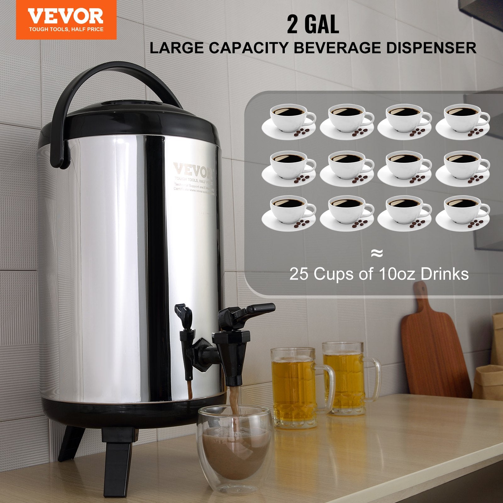 Stainless Steel Insulated Beverage Dispenser, 7.6 Liter, Thermal Hot and Cold Drink Server Dispenser with Spigot Handle, Food-grade for Hot Tea Coffee Water Restaurant Drink Shop