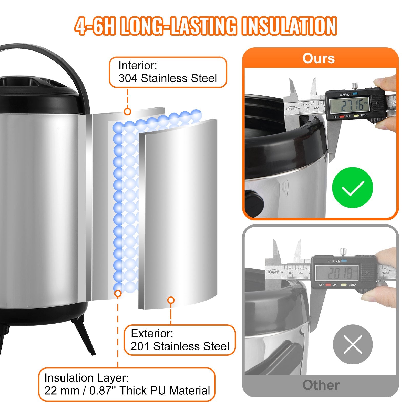 Stainless Steel Insulated Beverage Dispenser, 7.6 Liter, Thermal Hot and Cold Drink Server Dispenser with Spigot Handle, Food-grade for Hot Tea Coffee Water Restaurant Drink Shop