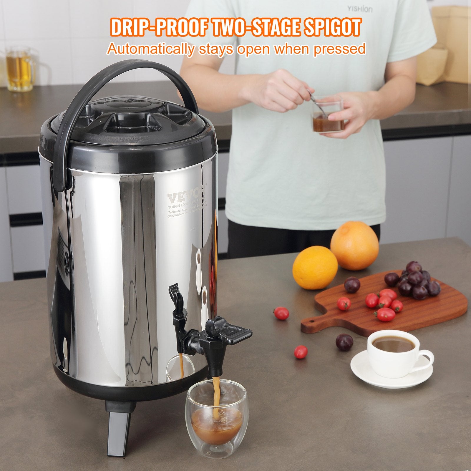 Stainless Steel Insulated Beverage Dispenser, 7.6 Liter, Thermal Hot and Cold Drink Server Dispenser with Spigot Handle, Food-grade for Hot Tea Coffee Water Restaurant Drink Shop