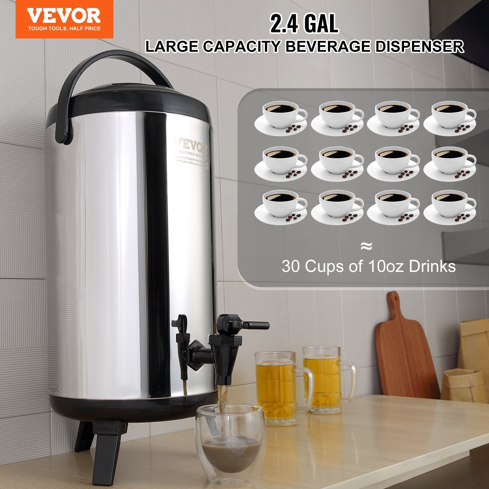 Drinkware: VEVOR Stainless Steel Insulated Beverage Dispenser, 9.2 Liter, Thermal Hot and Cold Drink Server Dispenser with Spigot Handle, Food-grade for Hot Tea Coffee Water Restaurant Drink Shop