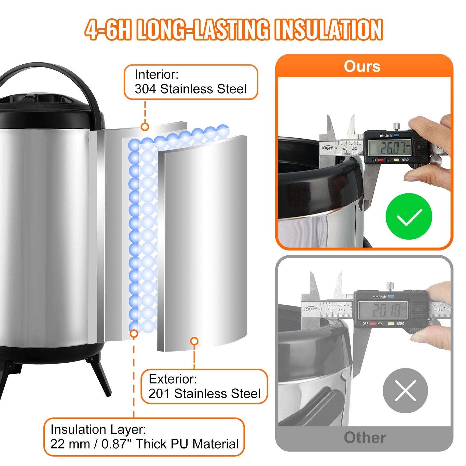 Drinkware: VEVOR Stainless Steel Insulated Beverage Dispenser, 9.2 Liter, Thermal Hot and Cold Drink Server Dispenser with Spigot Handle, Food-grade for Hot Tea Coffee Water Restaurant Drink Shop