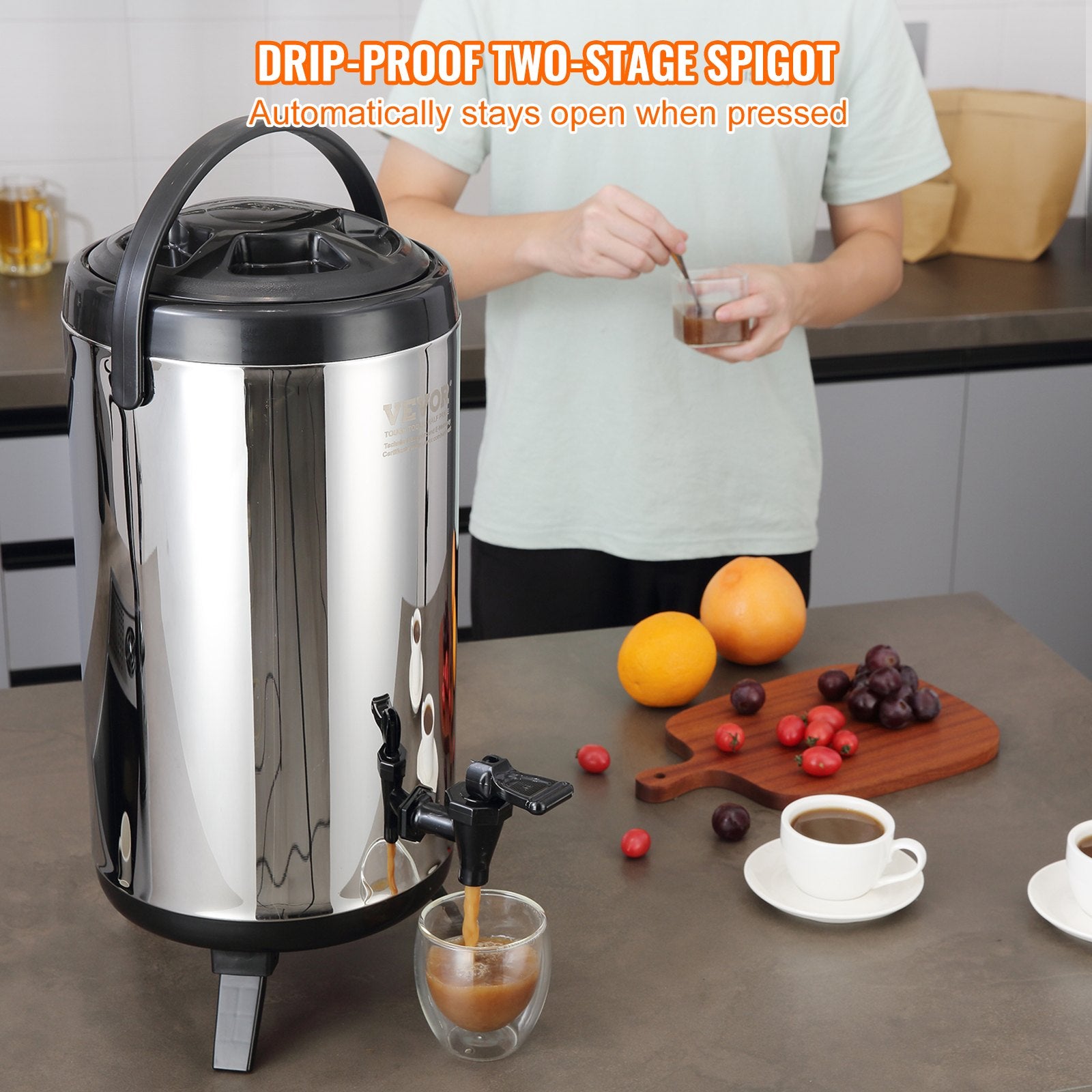 Drinkware: VEVOR Stainless Steel Insulated Beverage Dispenser, 9.2 Liter, Thermal Hot and Cold Drink Server Dispenser with Spigot Handle, Food-grade for Hot Tea Coffee Water Restaurant Drink Shop