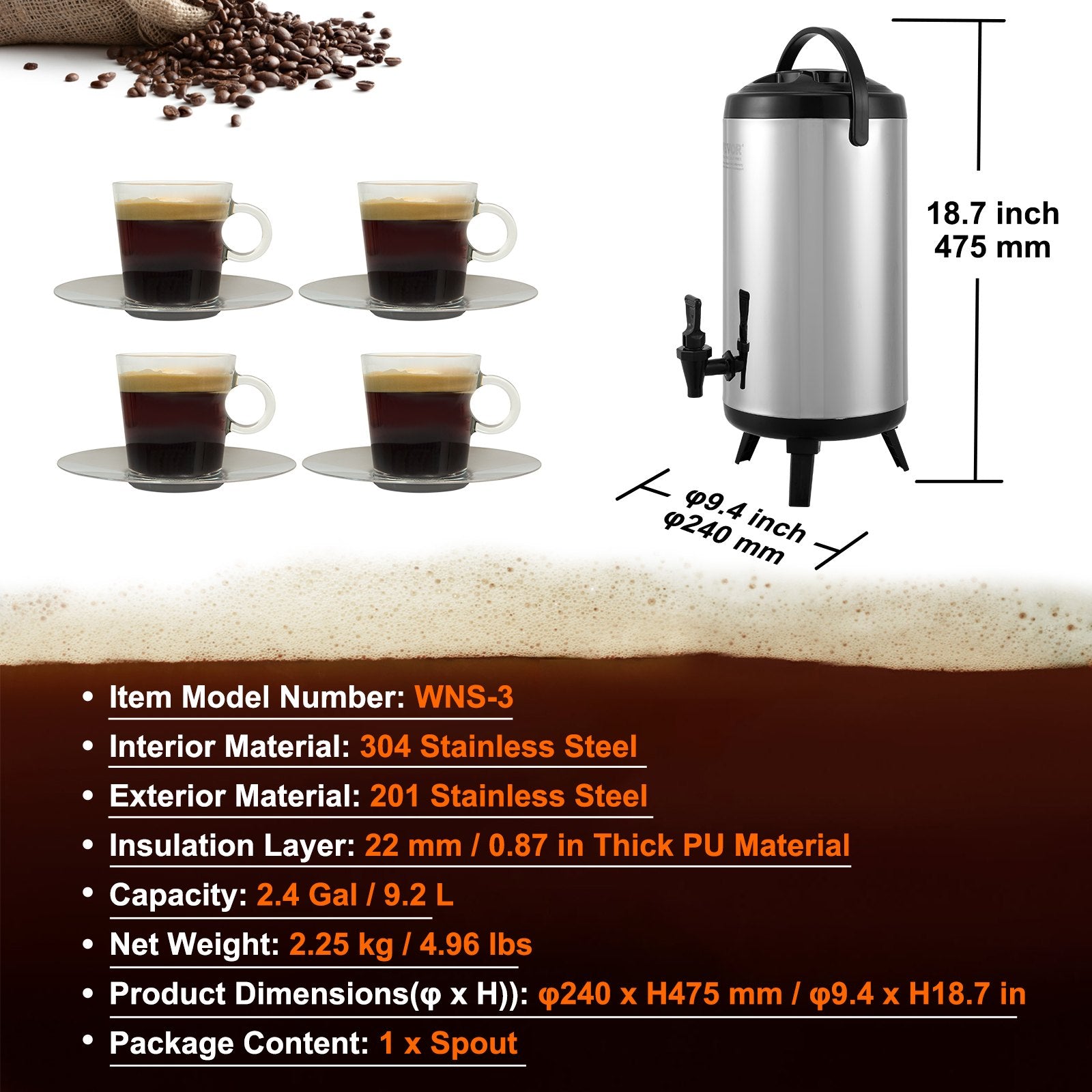 Drinkware: VEVOR Stainless Steel Insulated Beverage Dispenser, 9.2 Liter, Thermal Hot and Cold Drink Server Dispenser with Spigot Handle, Food-grade for Hot Tea Coffee Water Restaurant Drink Shop