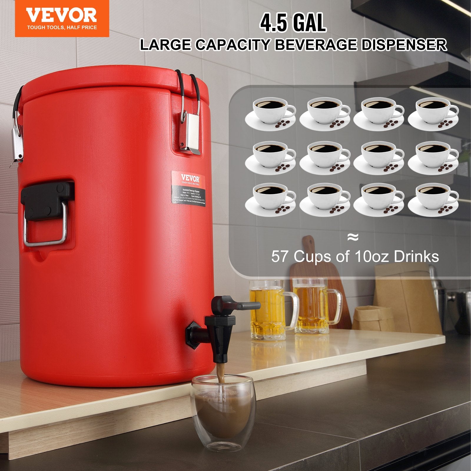 Stainless Steel Insulated Beverage Dispenser, 17.2 Liter, Thermal Hot and Cold Drink Server Dispenser with Spigot Handle, Food-grade for Hot Tea Coffee Water Restaurant Drink Shop