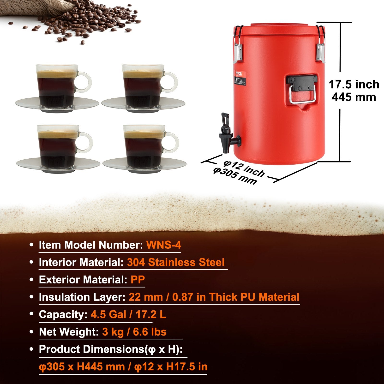 Stainless Steel Insulated Beverage Dispenser, 17.2 Liter, Thermal Hot and Cold Drink Server Dispenser with Spigot Handle, Food-grade for Hot Tea Coffee Water Restaurant Drink Shop