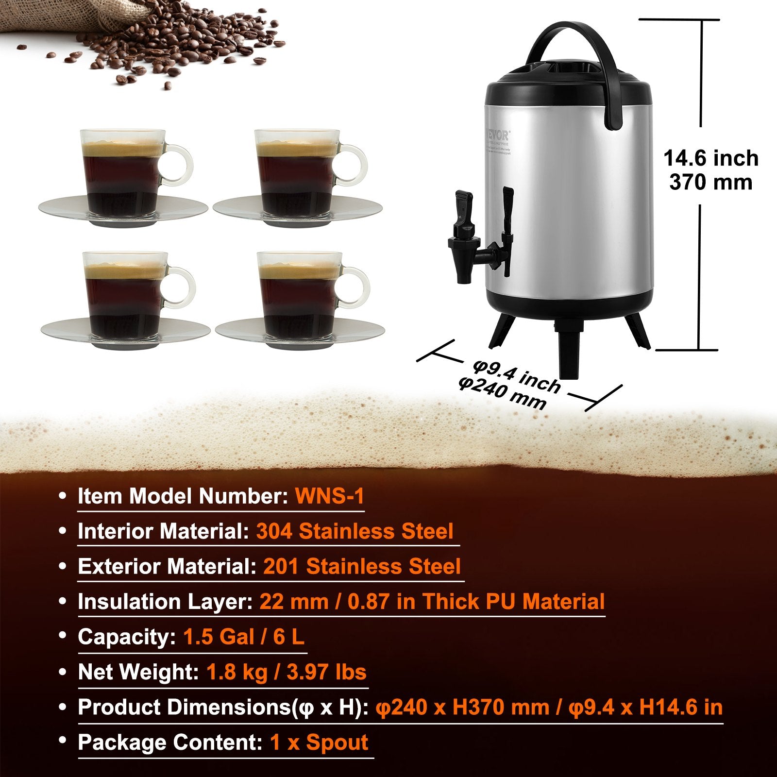 Stainless Steel Insulated Beverage Dispenser, 6 Liter, Thermal Hot and Cold Drink Server Dispenser with Spigot Handle, Food-grade for Hot Tea Coffee Water Restaurant Drink Shop
