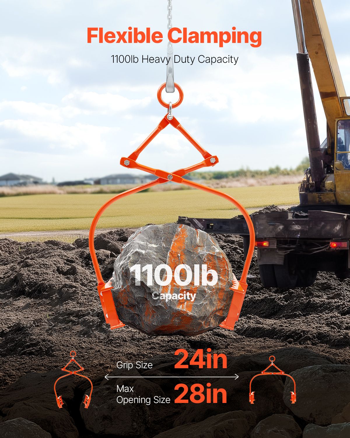 609mm Stone Lifting Tongs, 2-Claw Rock Tongs, Heavy Duty Steel Log Tongs, 500KG Lifting Capacity, Swivel Log Grapple, Serrated Claw Design, Easy Chain Hook up Tongs for Stone Blocks & Marble