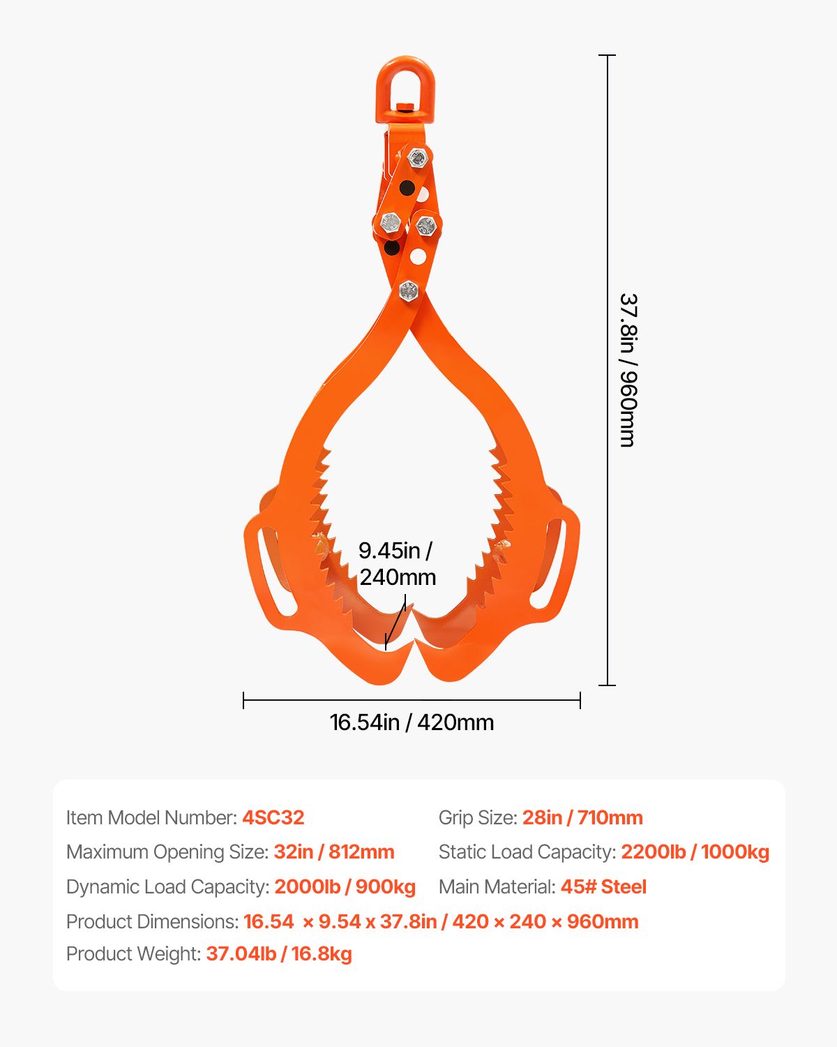 32in Log Lifting Tongs, 4-Claw Log Tongs, Heavy Duty Steel Log Grapple, 2200LBS Lifting Capacity, Swivel Log Graper Timber, Eagle Claw Design, Log Skidding Tongs for Trucks, Tractors, Forklifts