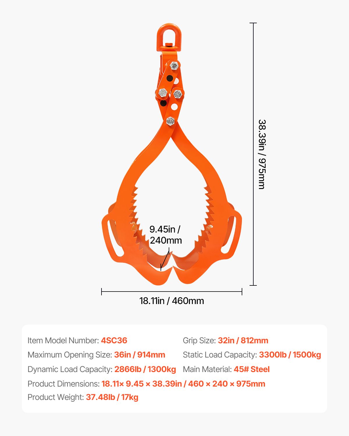 36in Log Lifting Tongs, 4-Claw Log Tongs, Heavy Duty Steel Log Grapple, 3300LBS Lifting Capacity, Swivel Log Graper Timber, Eagle Claw Design, Log Skidding Tongs for Trucks, Tractors, Forklifts