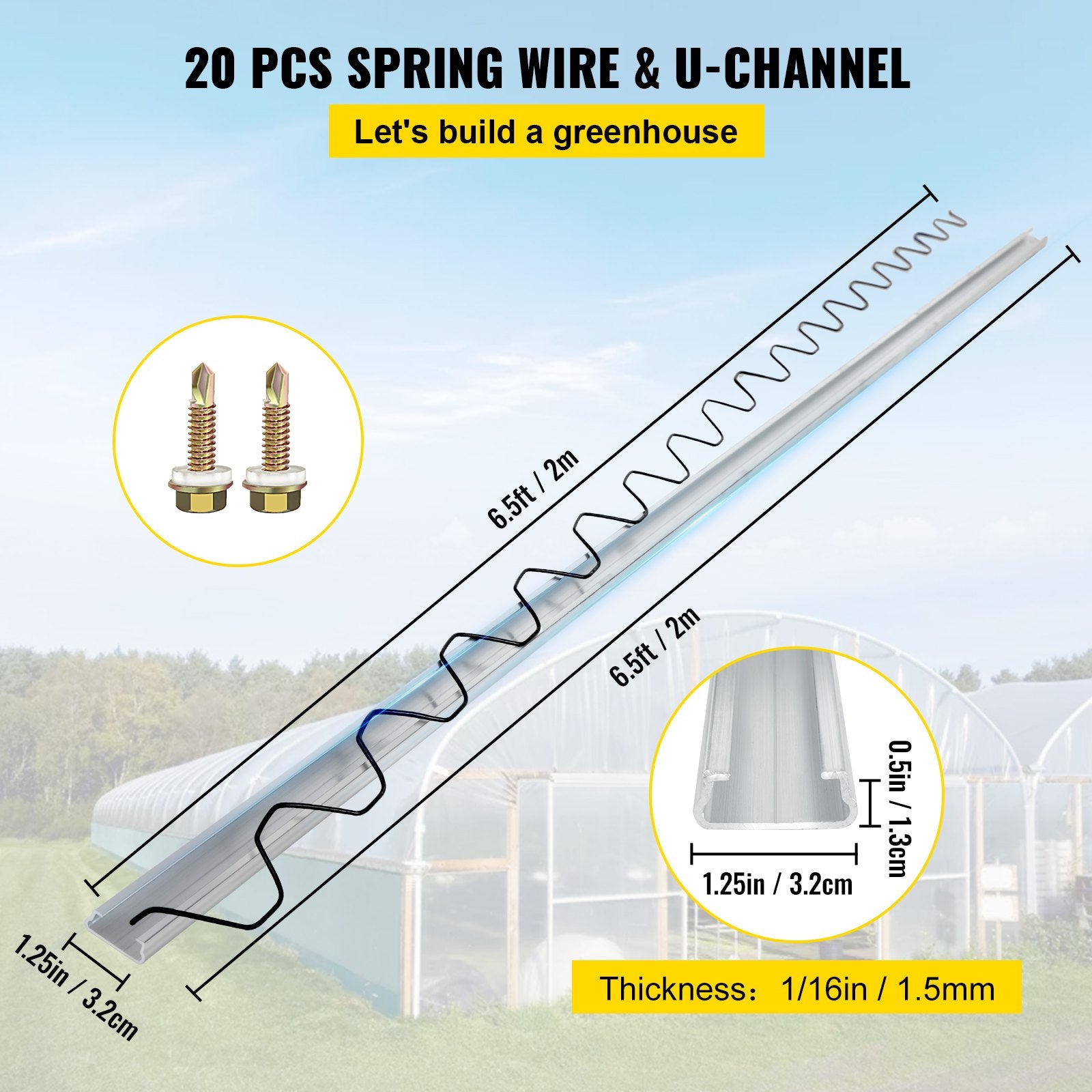 Gardening Tools: VEVOR Spring Wire and Lock Channel,2 m Spring Lock & U-Channel Bundle for Greenhouse, 20 Packs PE Coated Spring Wire & Aluminum Alloy Channel, Plastic Poly Film or Shade Cloth Attachment with Screw