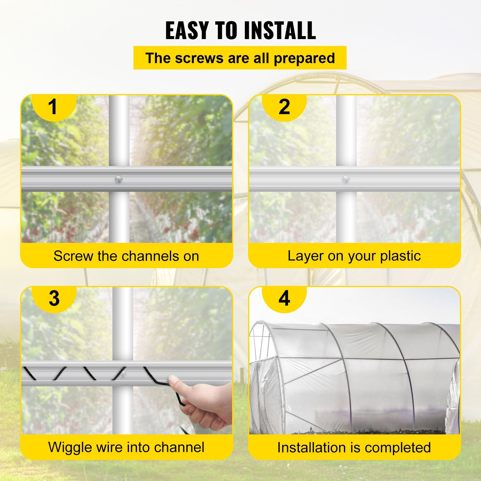 Gardening Tools: VEVOR Spring Wire and Lock Channel,2 m Spring Lock & U-Channel Bundle for Greenhouse, 20 Packs PE Coated Spring Wire & Aluminum Alloy Channel, Plastic Poly Film or Shade Cloth Attachment with Screw
