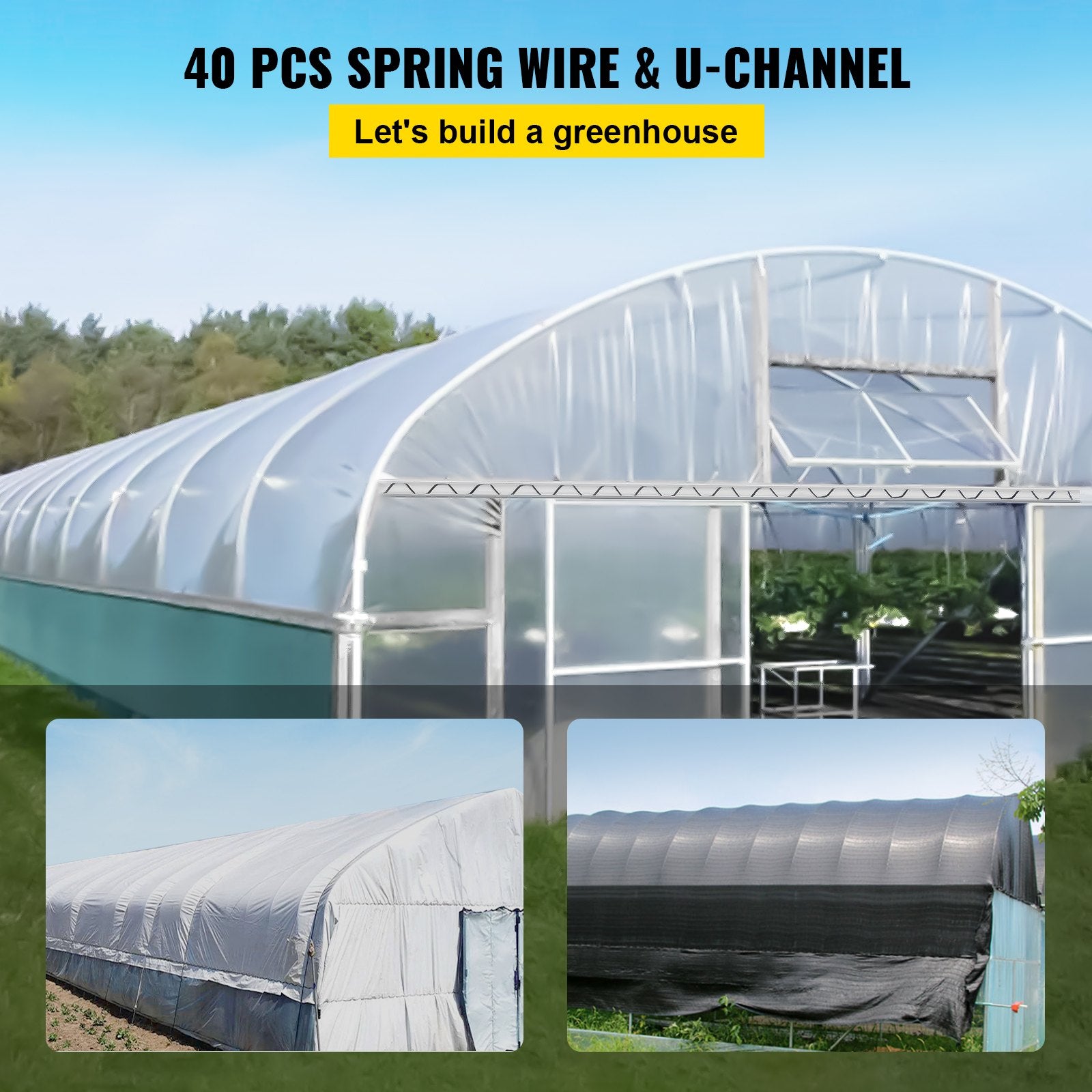 Gardening Tools: VEVOR Spring Wire and Lock Channel, 2m Spring Lock & U-Channel Bundle for Greenhouse, 40 Packs PE Coated Spring Wire & Aluminum Alloy Channel,Plastic Poly Film or Shade Cloth Attachment with Screw