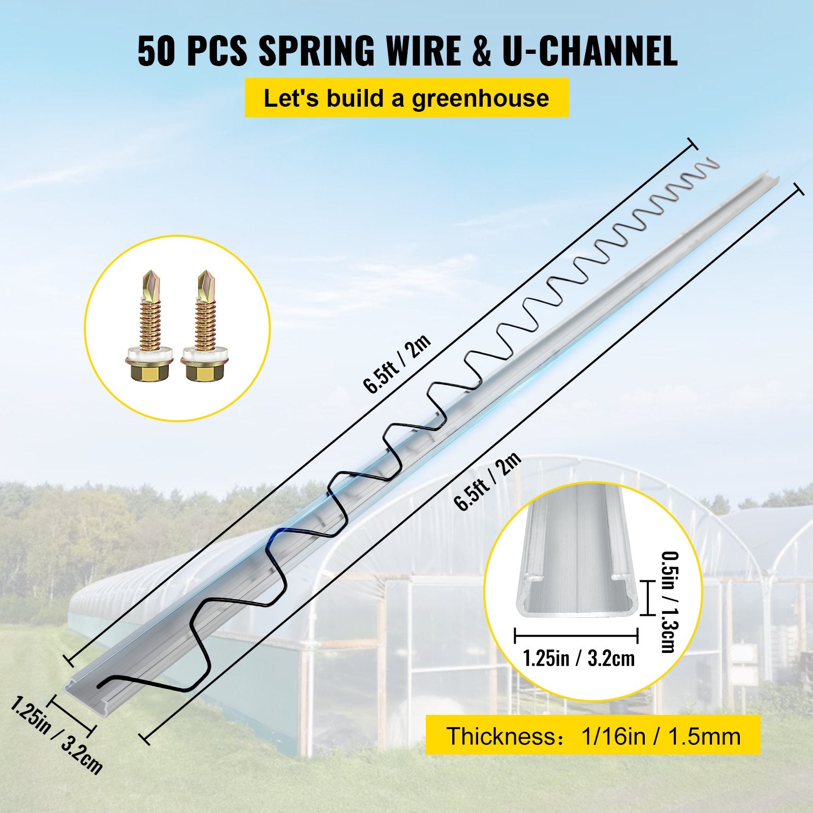 Automotive Repair & Speciality Tools: VEVOR Spring Wire and Lock Channel, 2m Spring Lock & U-Channel Bundle for Greenhouse, 50 Packs PE Coated Spring Wire & Aluminum Alloy Channel, Plastic Poly Film or Shade Cloth Attachment with Scre