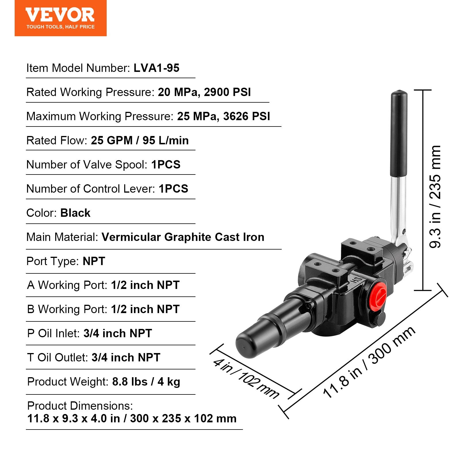 Hydraulic Log Splitter Valve 1 Spool, 25 GPM Hydraulic Directional Control Valve, 3626PSI Hydraulic Loader Valve, Hydraulic Joystick Control Valve for Small Tractors, Loaders, Log Splitter