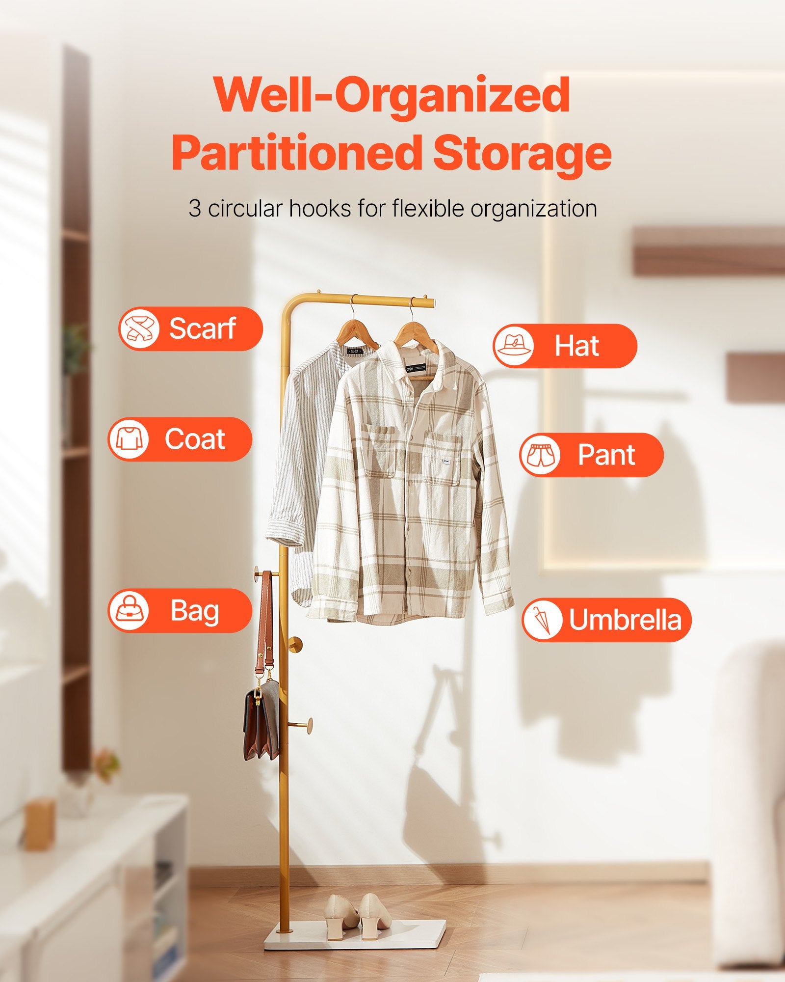 Coat Racks: VEVOR Coat Rack, Freestanding Coats Rack Stand with Quartz Stone Base & 3 Round Hooks, Free Standing Hall Coat Tree for Entryway, Bedroom, Living Room, Stylish Clothes Hanger Stand for Coats, Hat, Bag